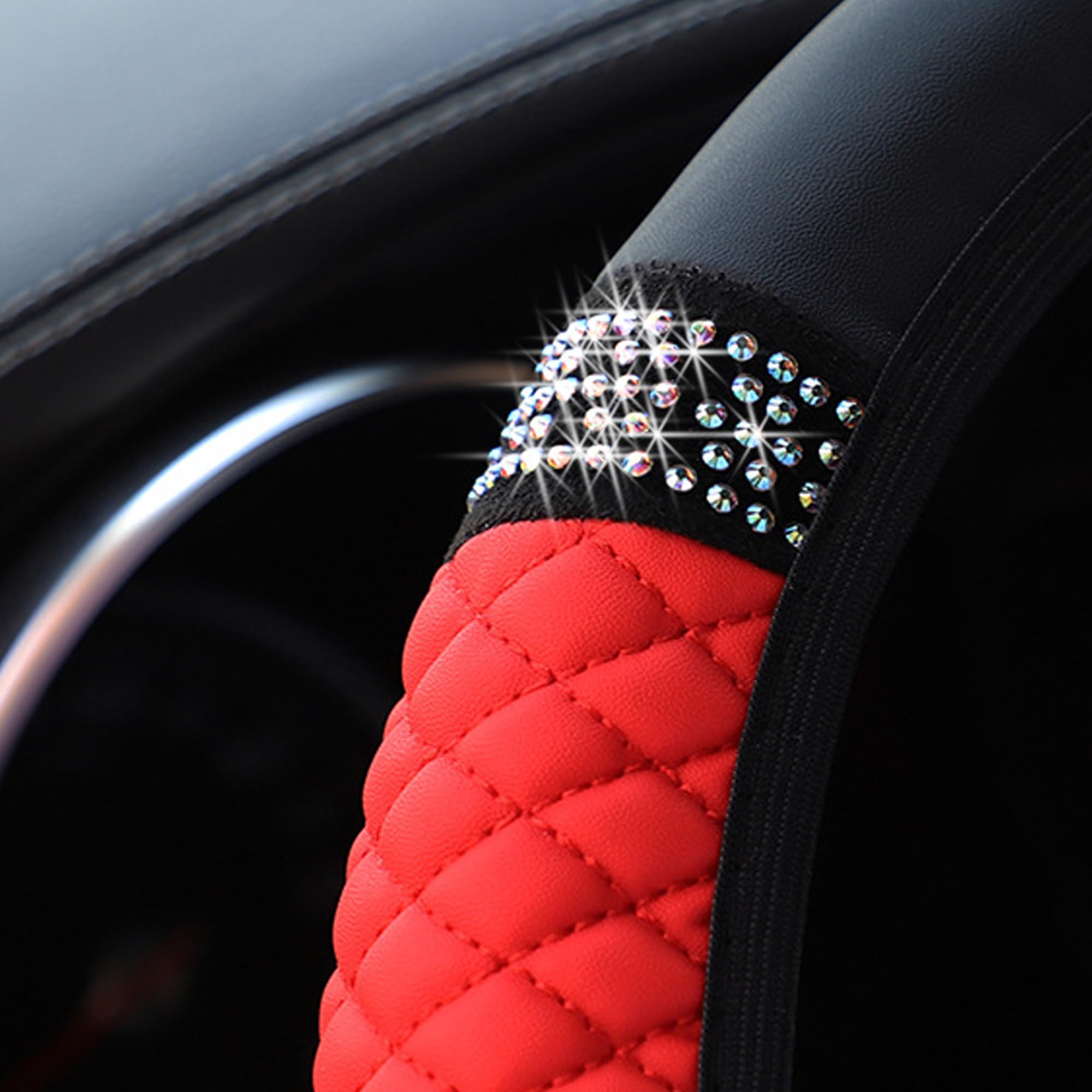 Couslcd Bling Car Steering Wheel Cover, 15 Inch Rhinestones Soft Leather Elastic Steering Wheel Protector, Sparkly Crystal Diamond for Women Girls, Car Interior Accessories for Most Cars (Red)