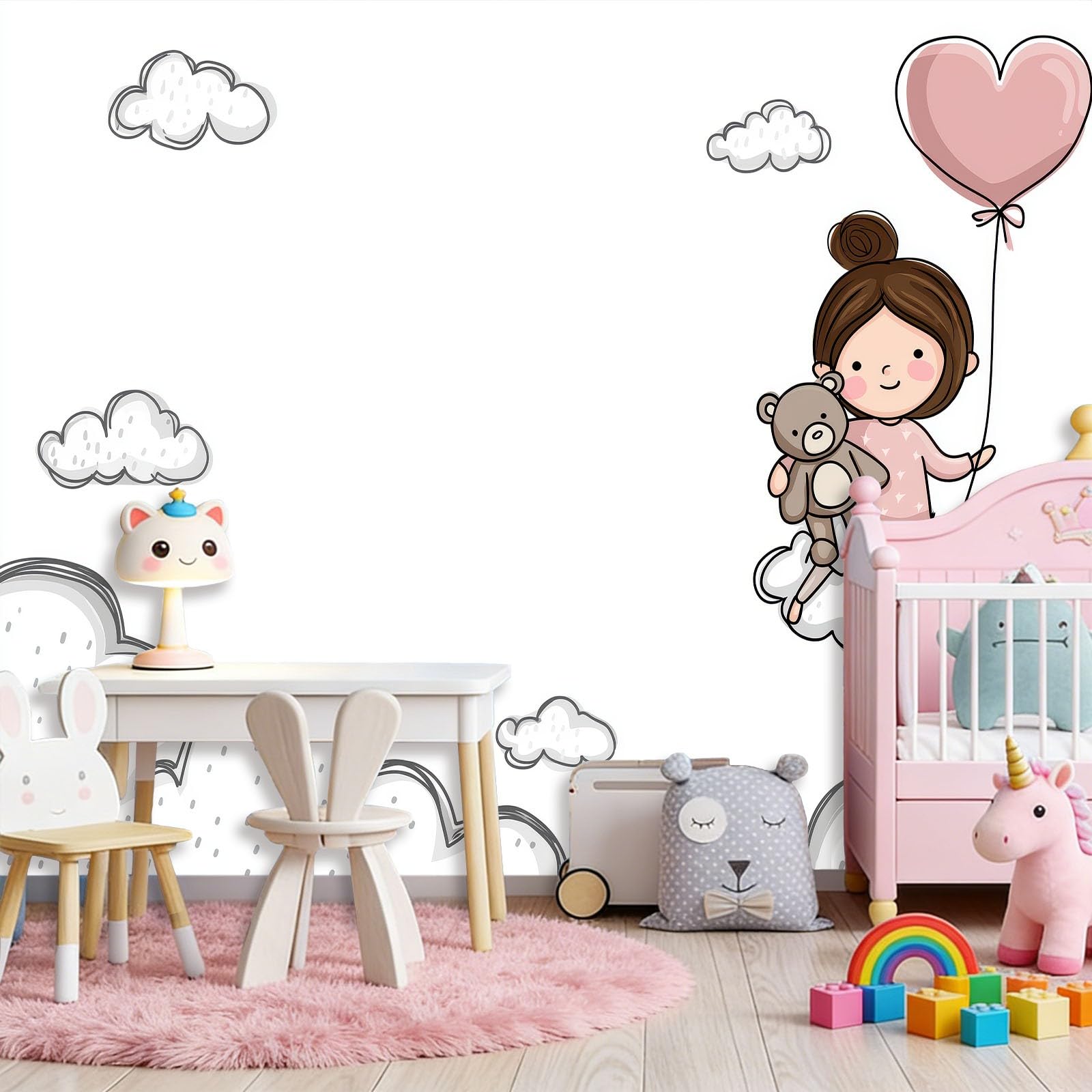 Duży mural ścienny 350 x 256 cm (szer. x wys.), różowy wzór chmurki z kreskówki, naklejana tapeta montażowa do głównej sypialni i salonu