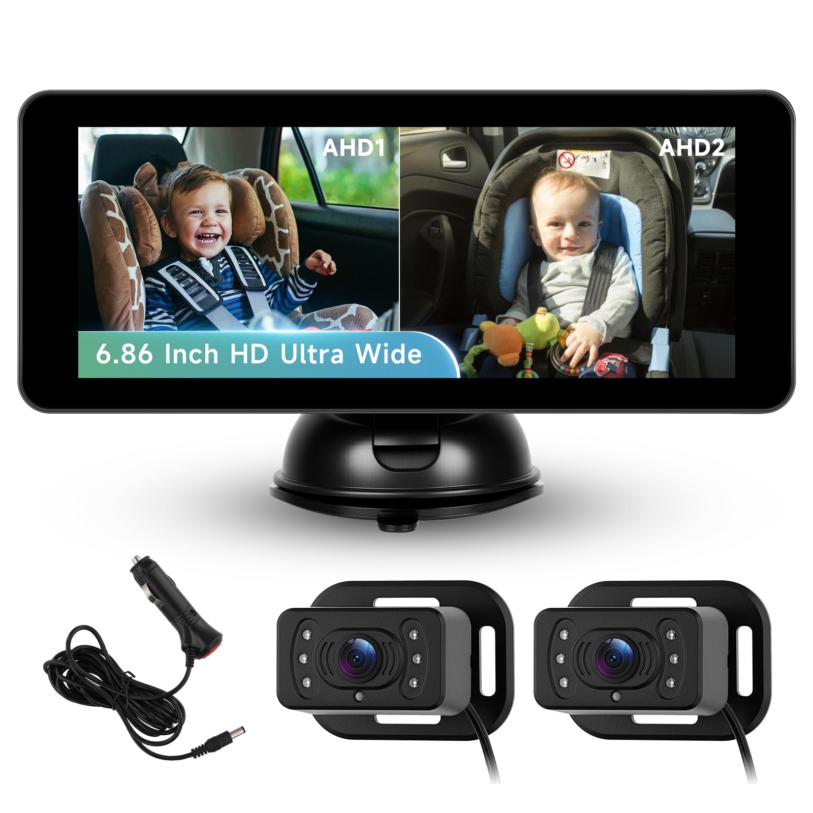 Hodozzy Baby Monitor in Auto con Telecamera 720P, Schermo IPS da 6,86 Pollici, Specchio per Seggiolino Auto per Bambini per Guardare Bambini, Animali Domestici, Visione Votturna