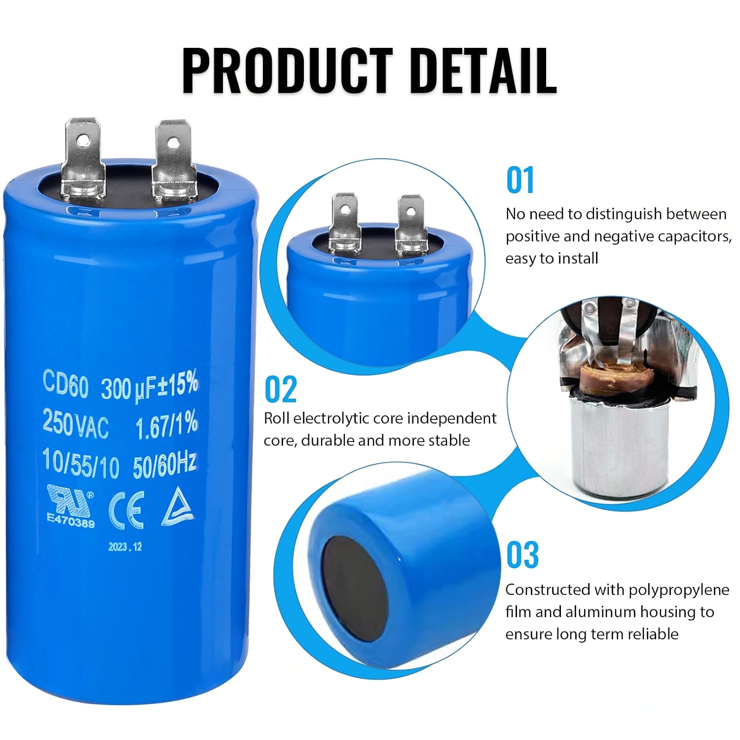 300uF/MFD CD60 Motor Start Capacitor 250VAC 50/60Hz for Electric Motor Starting 2 Pack