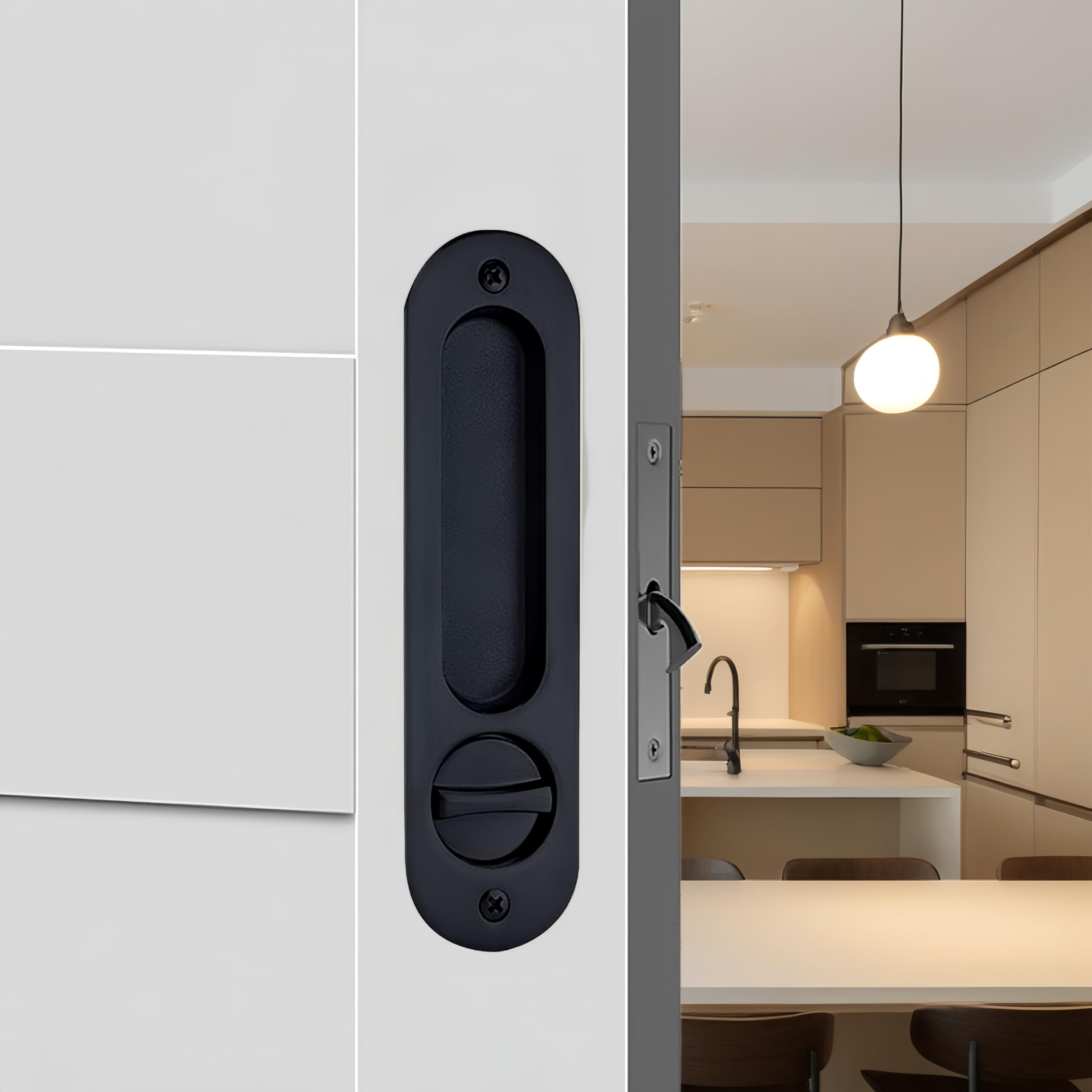 Sliding Pocket Door Lock,173mm Sliding Door Latch with Turn Knob for Interior Wooden Door,Invisible Recessed Door Handle with Key,Keyed Pocket Doors Mortise Lock (Black)