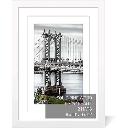 UHFWIFR 11x14 Picture Frames Solid Wood Display Pictures 9x12 or 8x10 with Mat or 11x14 Frame without Mat Poster Photo Frame Art with 2 Mats for Wall Mounting or Table Top(White)