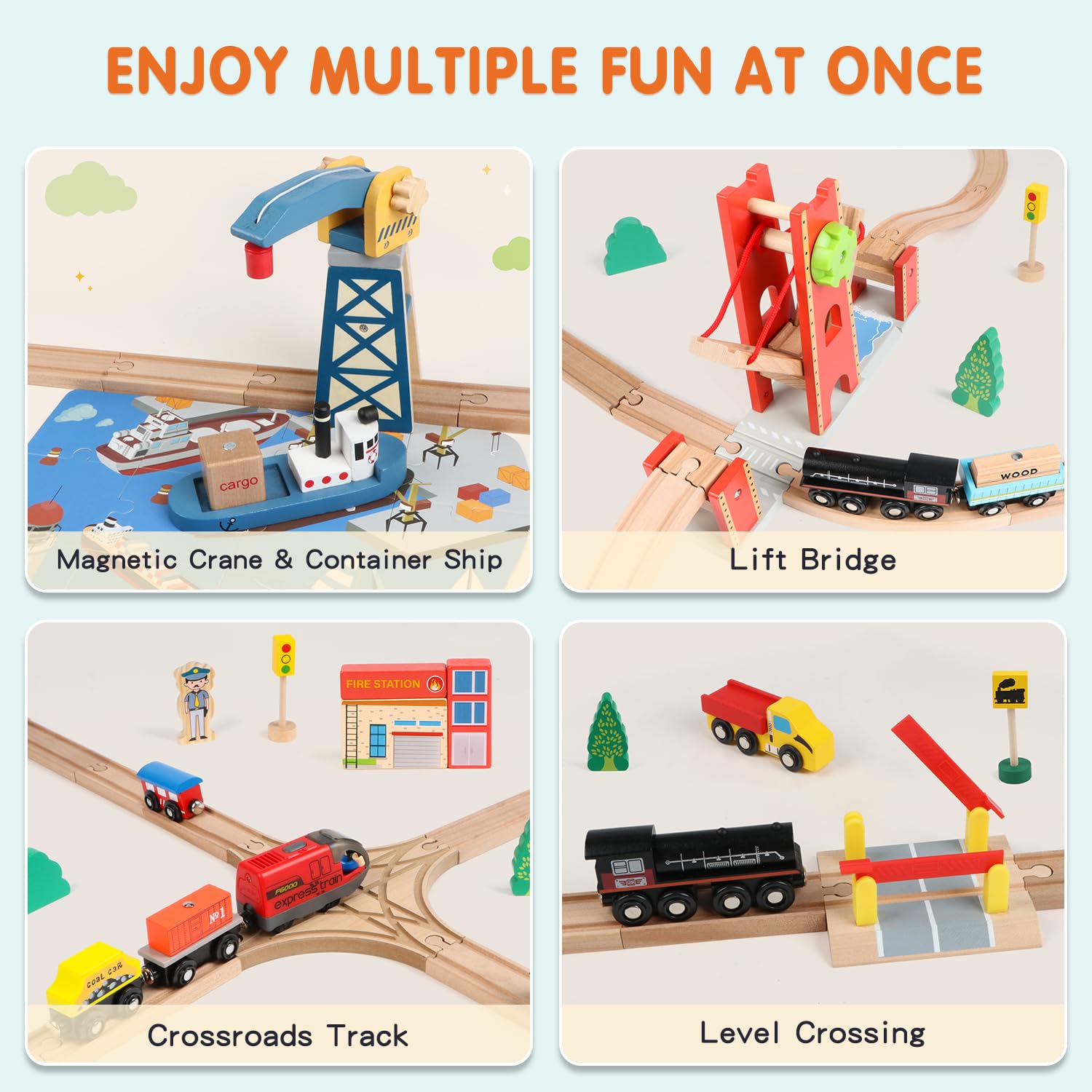 Juego de pistas de tren de madera para niños y niñas