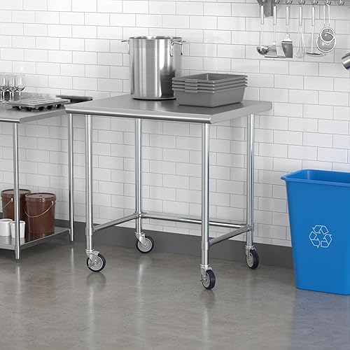 Miniatura 21 de Mesa de trabajo de base abierta de acero inoxidable 430 de calibre 18 de 30 x 72 pulgadas con ruedas giratorias de zinc resistentes de 5 pulgadas