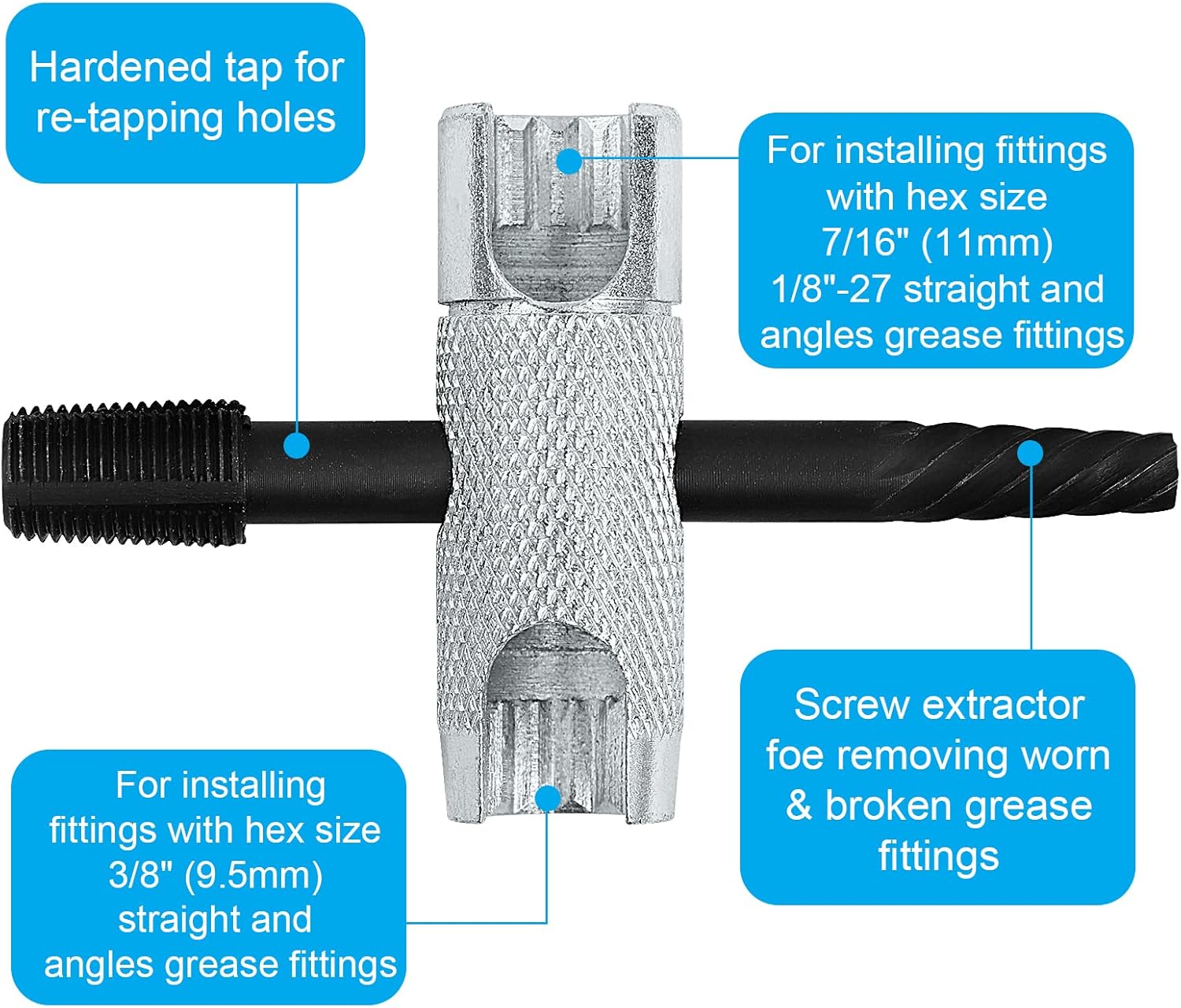 NOVINO Grease Fitting Tool Kit- 2PCS Zerk Removal & Cleaning Tool, 80PCS Grease Zerk Fitting W/Hex Size 3/8" 5/16" 7/16" 1/4" 1/8" 90° SAE Metric,60PCS Cap,Fits 1/4"-28 SAE,1/8"-NPT,M10x1 M8x1