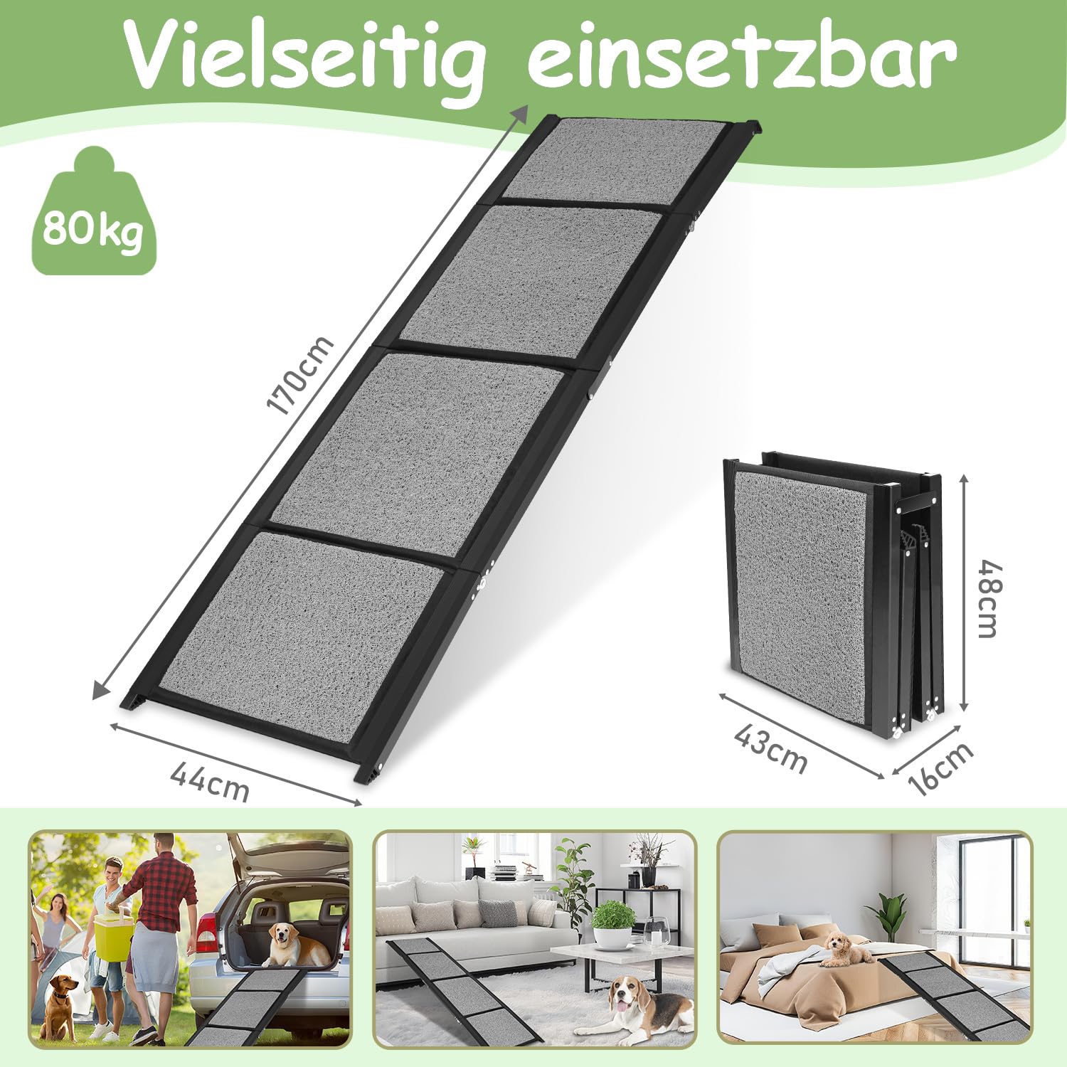 Hunderampe Auto Klappbar 170x44cm, Faltbare & rutschfeste Hundetreppe Auto & SUV bis 80kg, Aluminium Rampe mit Schlingen-Teppich Oberfläche, Leicht & Stabil, Hund Rampe Grau