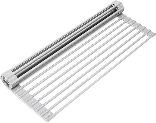 Surpahs Over Sink Foldable Multipurpose Roll-Up Dish Drying Rack, Silicone Wrapped Stainless Steel, Warm Gray, 17.5" x 13.1"