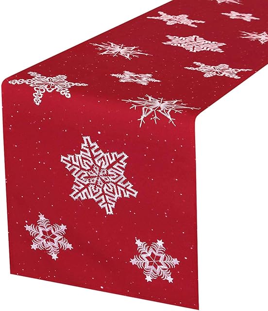 Simhomsen Embroidered Snowflakes Table Runner for Christmas Holidays (Red, 14 × 69 Inches)
