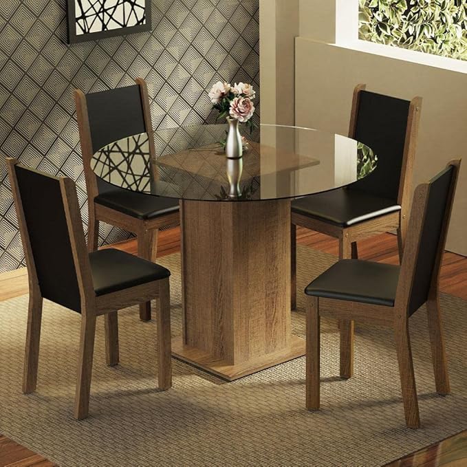 Conjunto Sala de Jantar Madesa Nanda Mesa Tampo de Vidro Redondo 4 Cadeiras – Rustic/preto