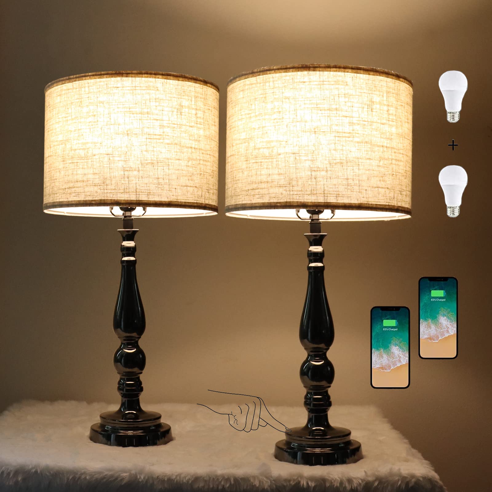 Rustic Table Lamps Set of 2 Desk Lamps 25.78'' with Dual USB Ports Bedside Lamps with 3 Way Brightness Dimmable Lamps for Bedroom Living Room