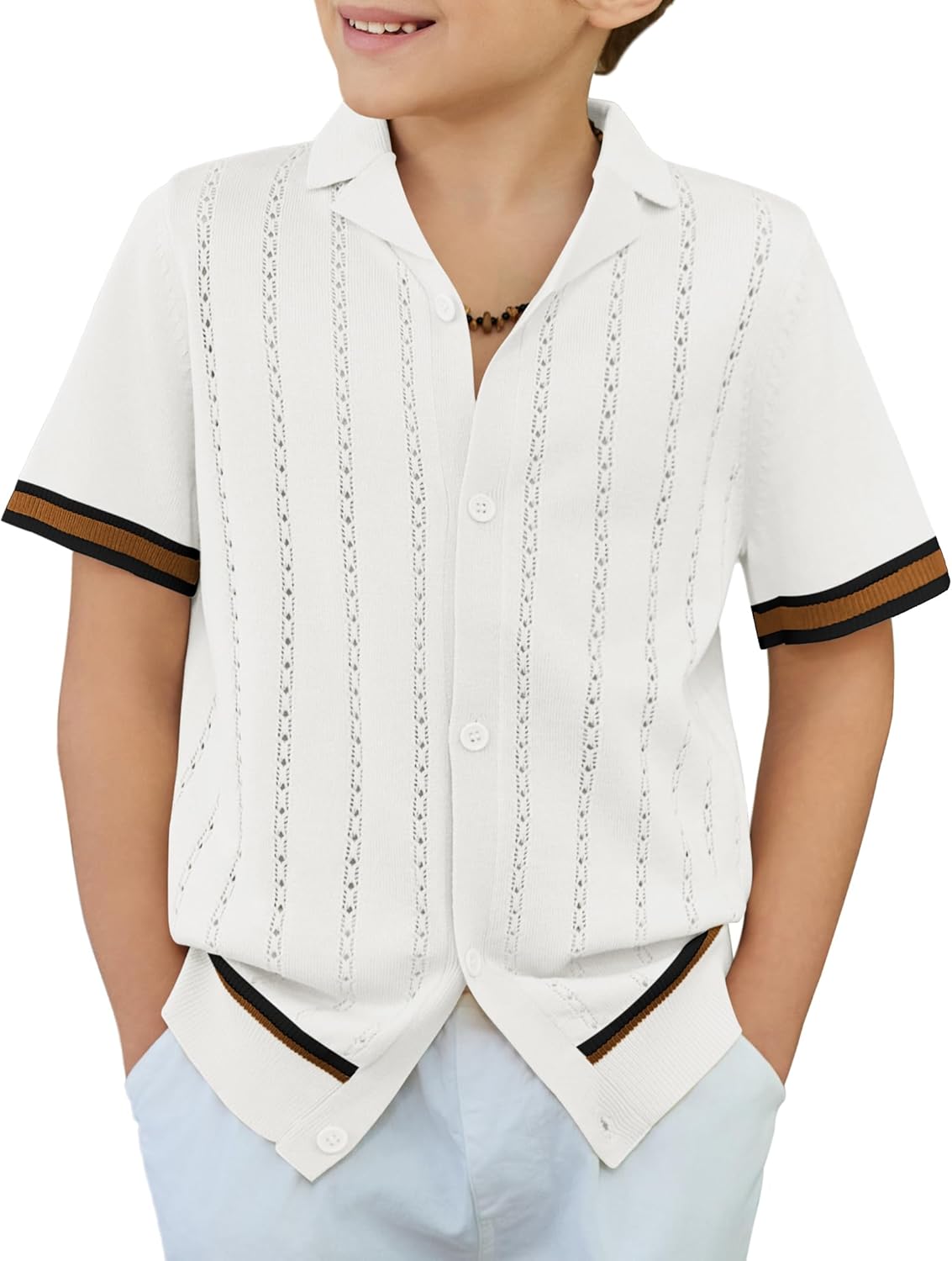 Arshiner Boys Knit Shirts Short Sleeve Button Down Shirt Vintage Fashion Casual Summer Beach Shirts for Kids 4-13 Years