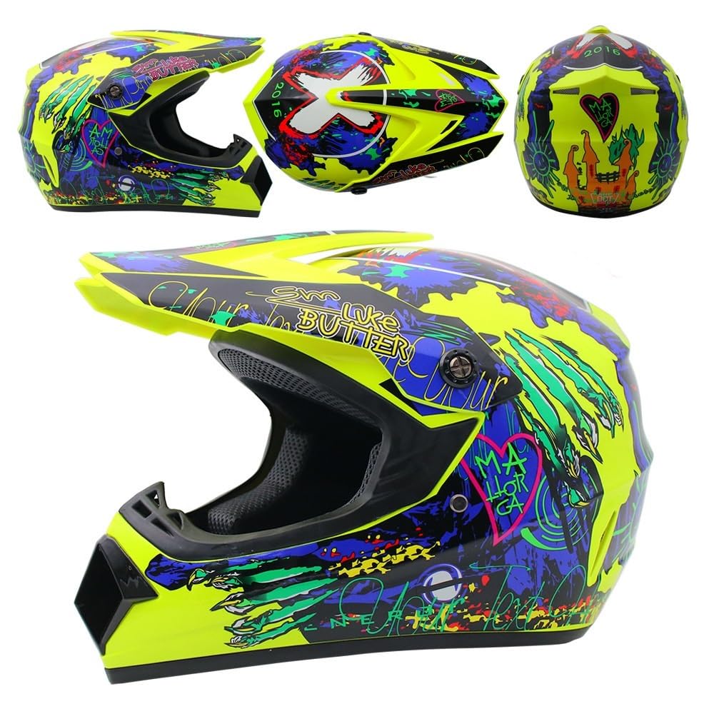 Juventud Niños MTB Casco de Motocross Colocar, con Guantes Gafas Mascarilla, Unisexo Integrales ATV Todoterreno Calle Moto Cascos, Descenso Enduro Quad Dirt Bike Chocar Casco