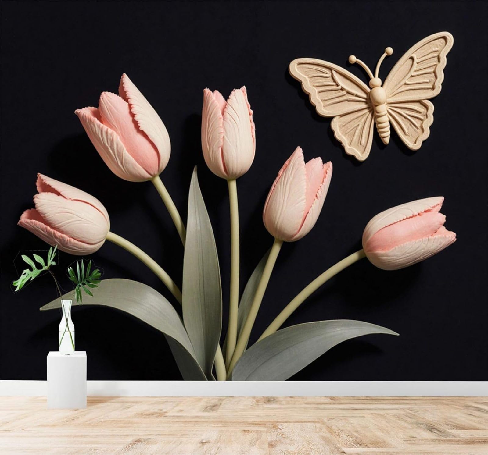 XLMING Relief Pink Tulips Green Leaves Butterflies Dark Background 3D Wallpaper Silky Texture Home Study Office Grey Dining Room Sofa Bedroom Living Room TV Backdrop-430cm×300cm