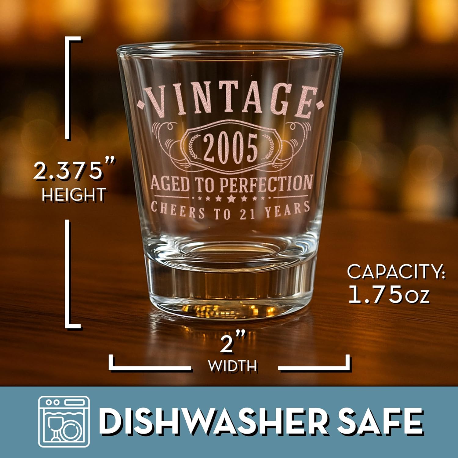 Vintage 2005 Rose Gold Printed 1pk Shot Glass 1.75oz - Happy 21st Birthday Gifts Women Men, Cheers to 21 Years, Turning 21 Party Favors Woman Decorations Decor, Anniversary Bday, 1.0 - Image 2