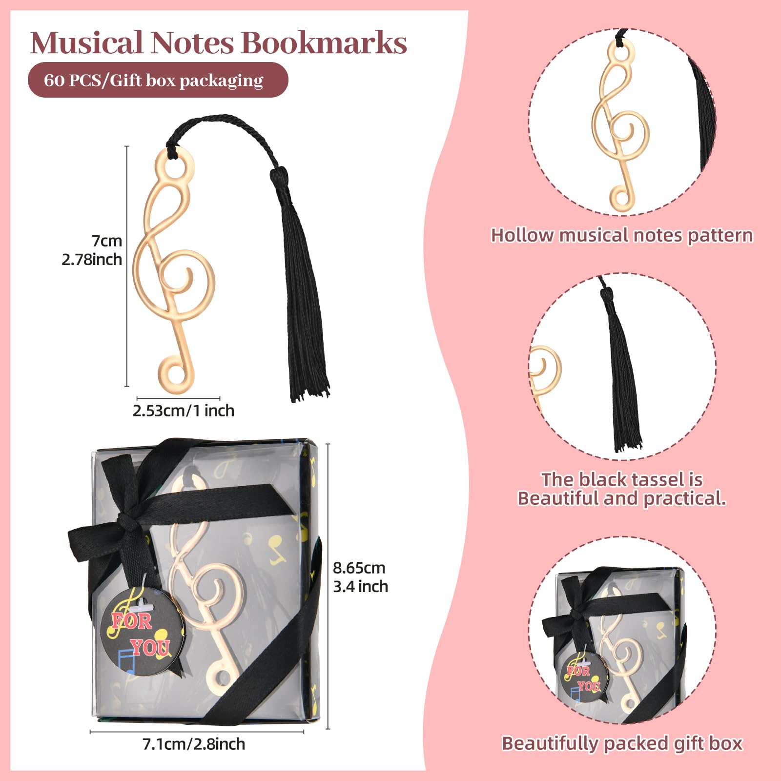 Lot de 60 marque-pages creux en forme de note de musique avec élégant pompon en soie, marque-pages en métal avec boîte cadeau, pour fête prénatale, fournitures de bureau, cadeaux scolaires, décoration