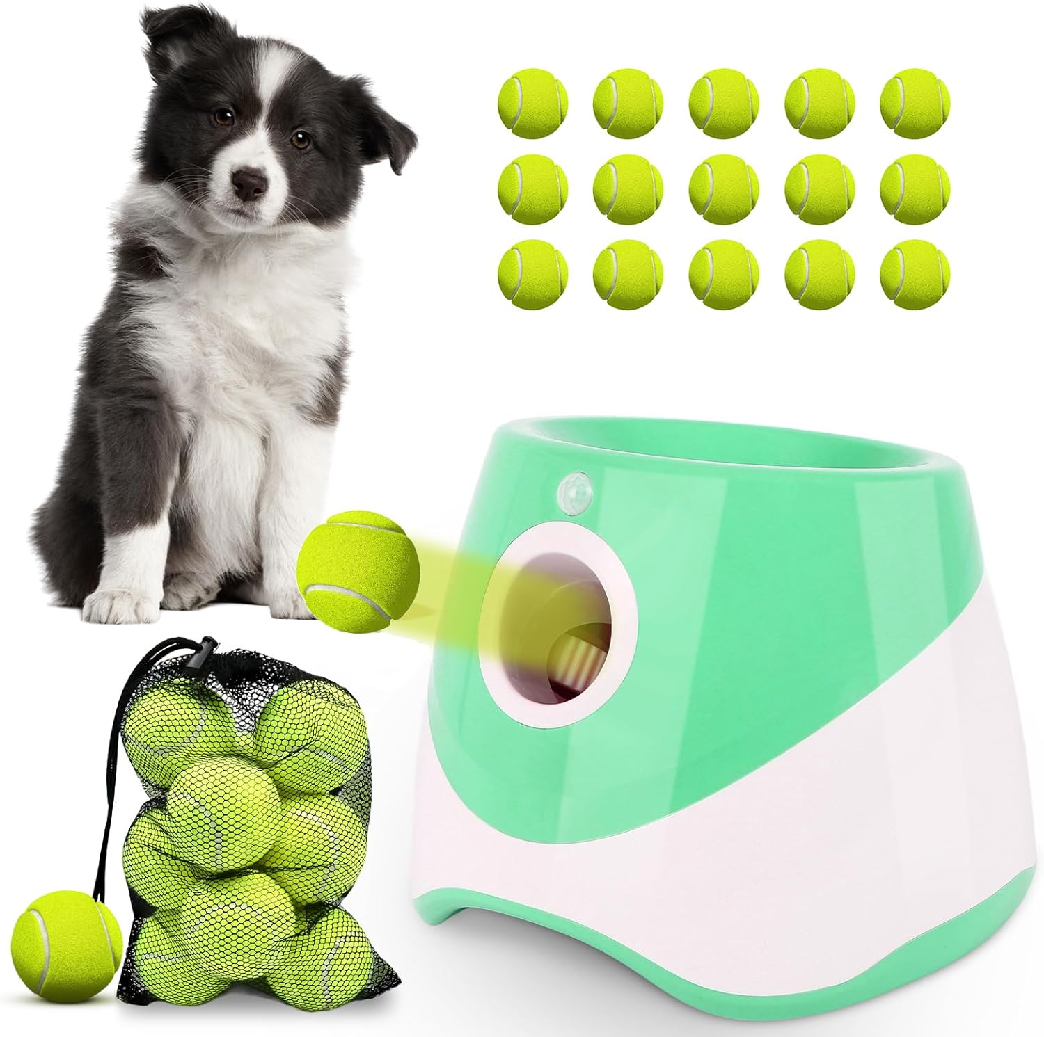 FAHKNS Automatic Dog Ball Launcher for Small Dogs, Indoor/Outdoor Interactive Dog Toy,USB Rechargeable Ball Thrower,10-30 Ft,Includes 15 Mini Tennis Balls,Green