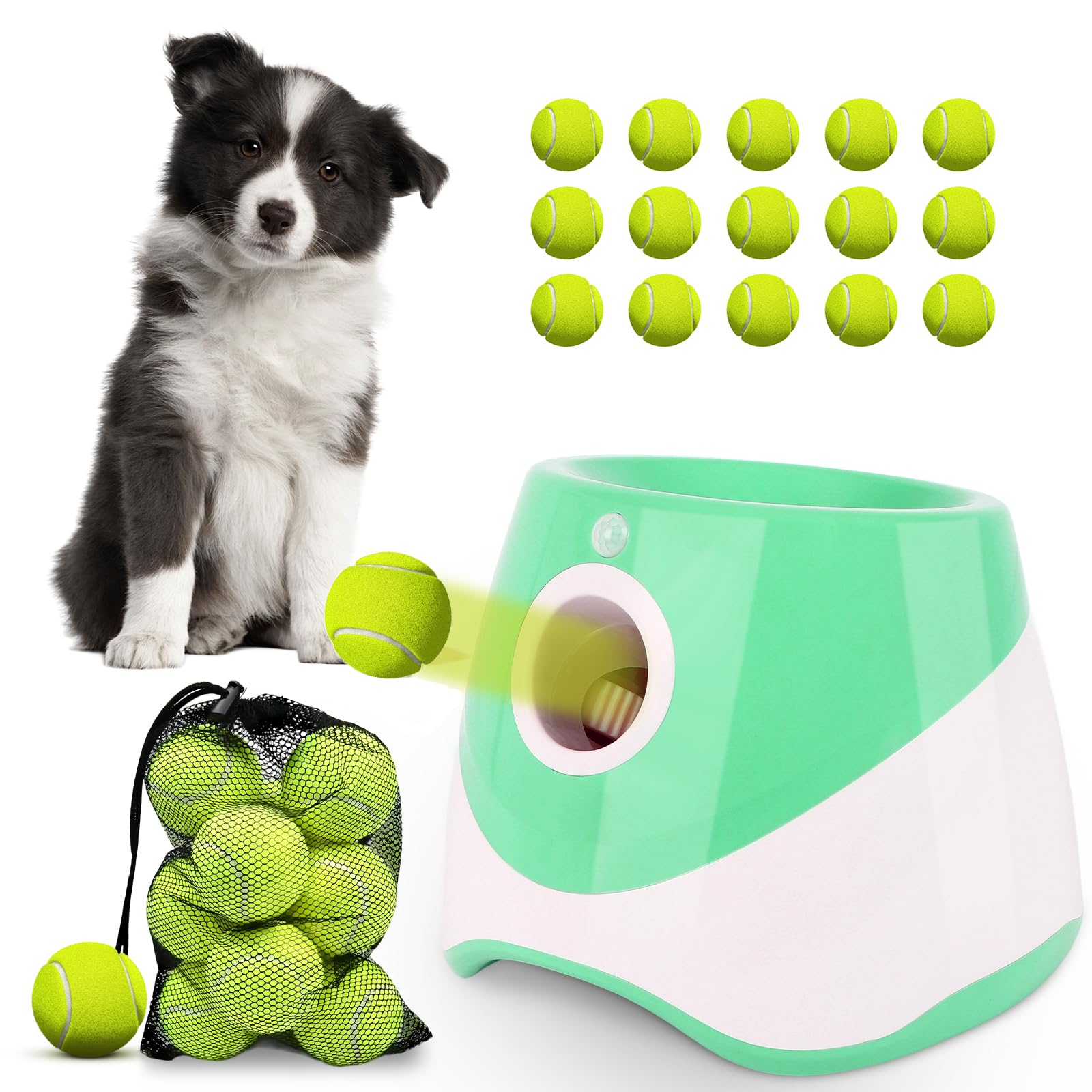 FAHKNS Automatic Dog Ball Launcher for Small Dogs, Indoor/Outdoor Interactive Dog Toy,USB Rechargeable Ball Thrower,10-30 Ft,Includes 15 Mini Tennis Balls,Green