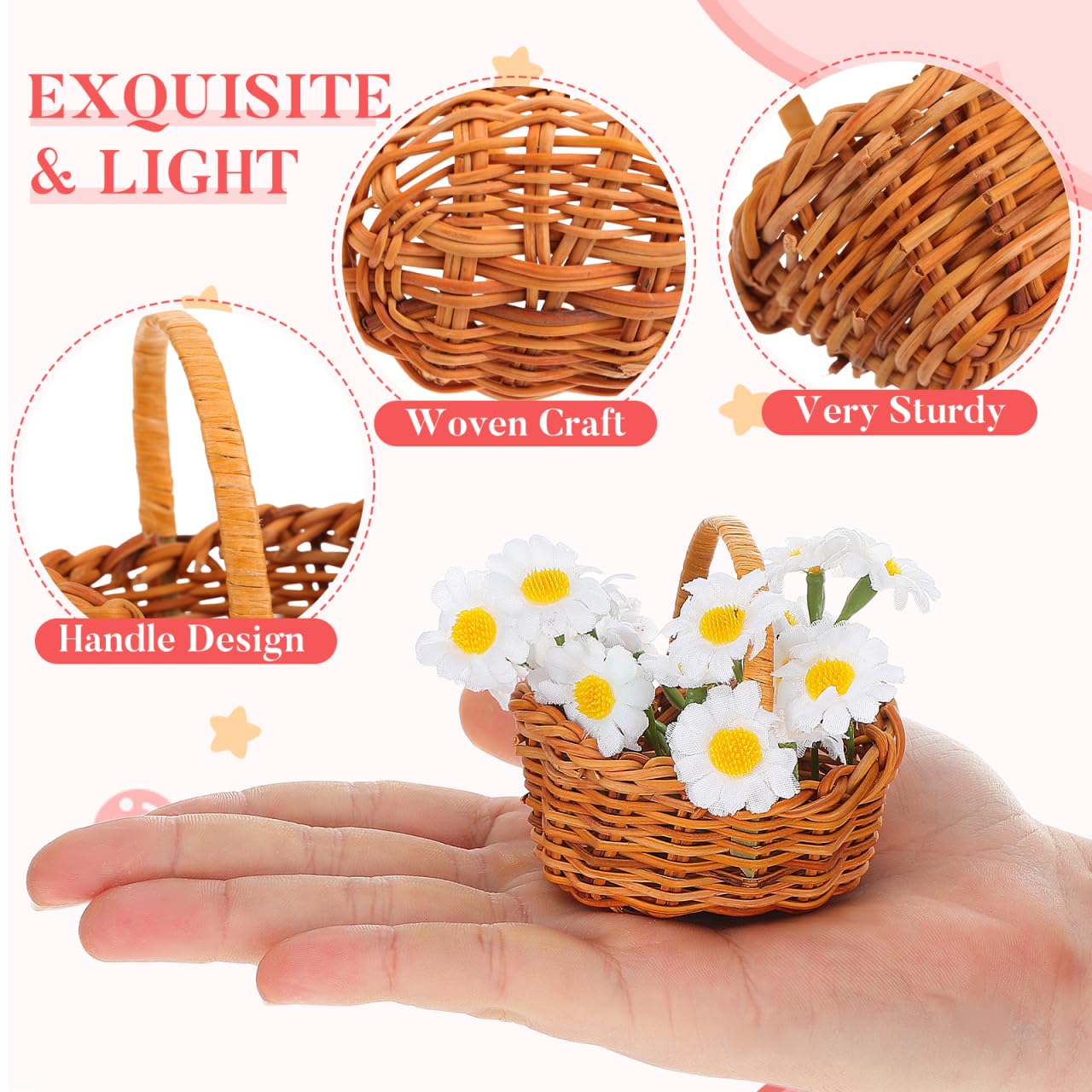 Abaodam Dollhouse Rattan Basket 1/12 Small Mini Woven Willow Basket Lightweight Portable Flower for Picnic Party Wedding Home Decor Fairy Garden Easter Decor 2.95X2.95X2.17 Inch - Image 3