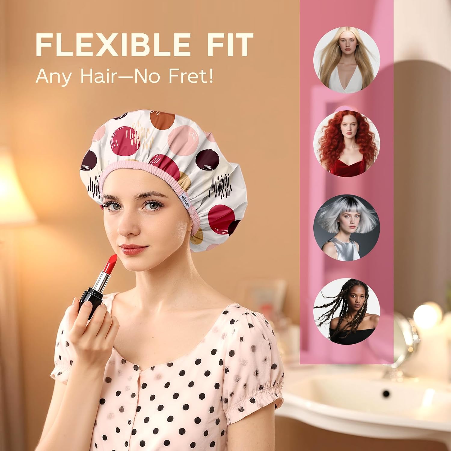 Years calm Waterproof Shower Cap for Women - Double-Layer Reusable Bath Cap with Elastic Band for Long/Short/Curly/Braids Hair, Washable & Travel-Friendly, Fit for Shower, Spa (Beige Shower Cap)