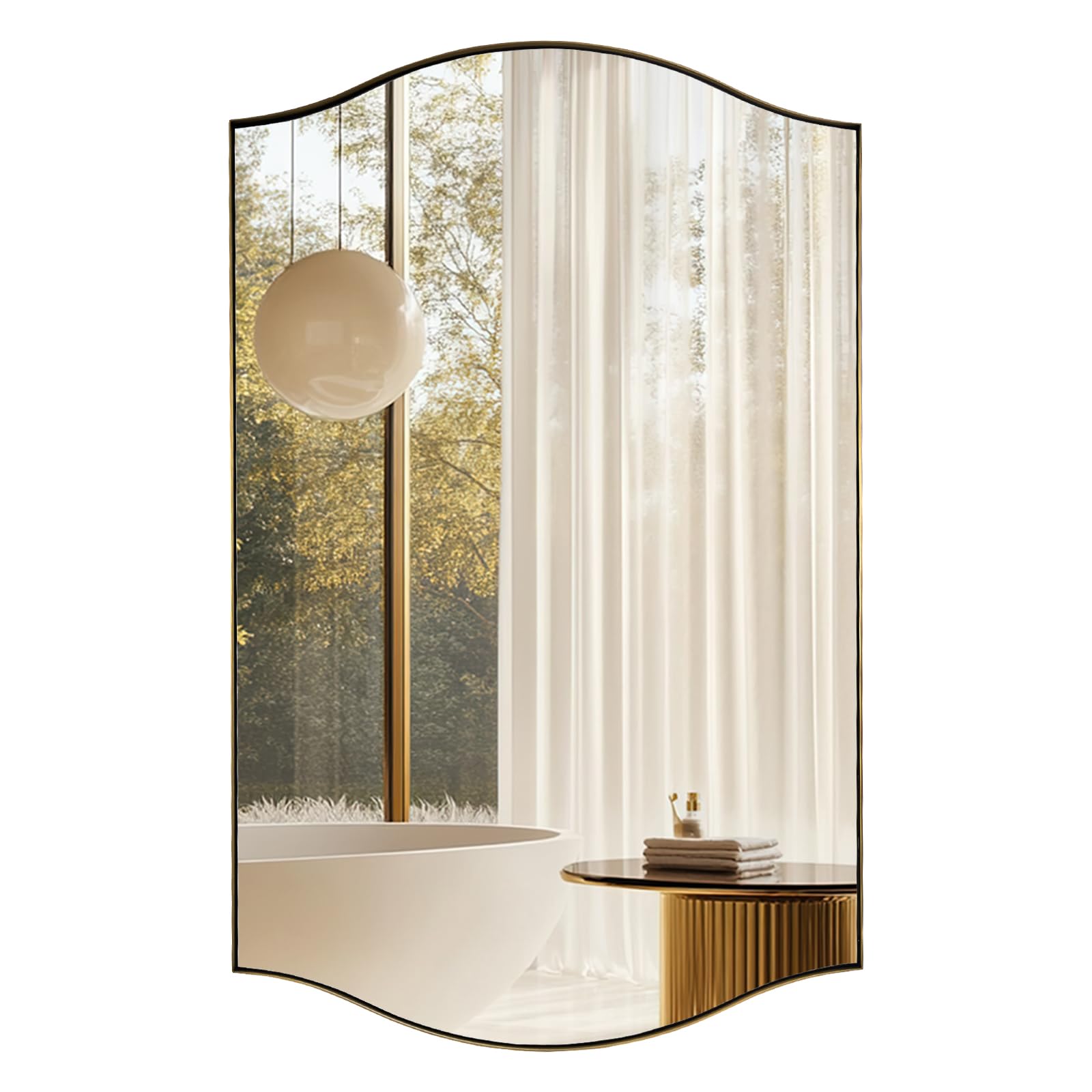 ANDY STAR 30"x48" Scalloped Mirror，Brushed Gold Rectangle Bathroom Mirror with Curved Edge Stainless Steel Metal Frame, Large Wall-Mounted Mirror for Bathroom, Entryway (Horizontal/Vertical)