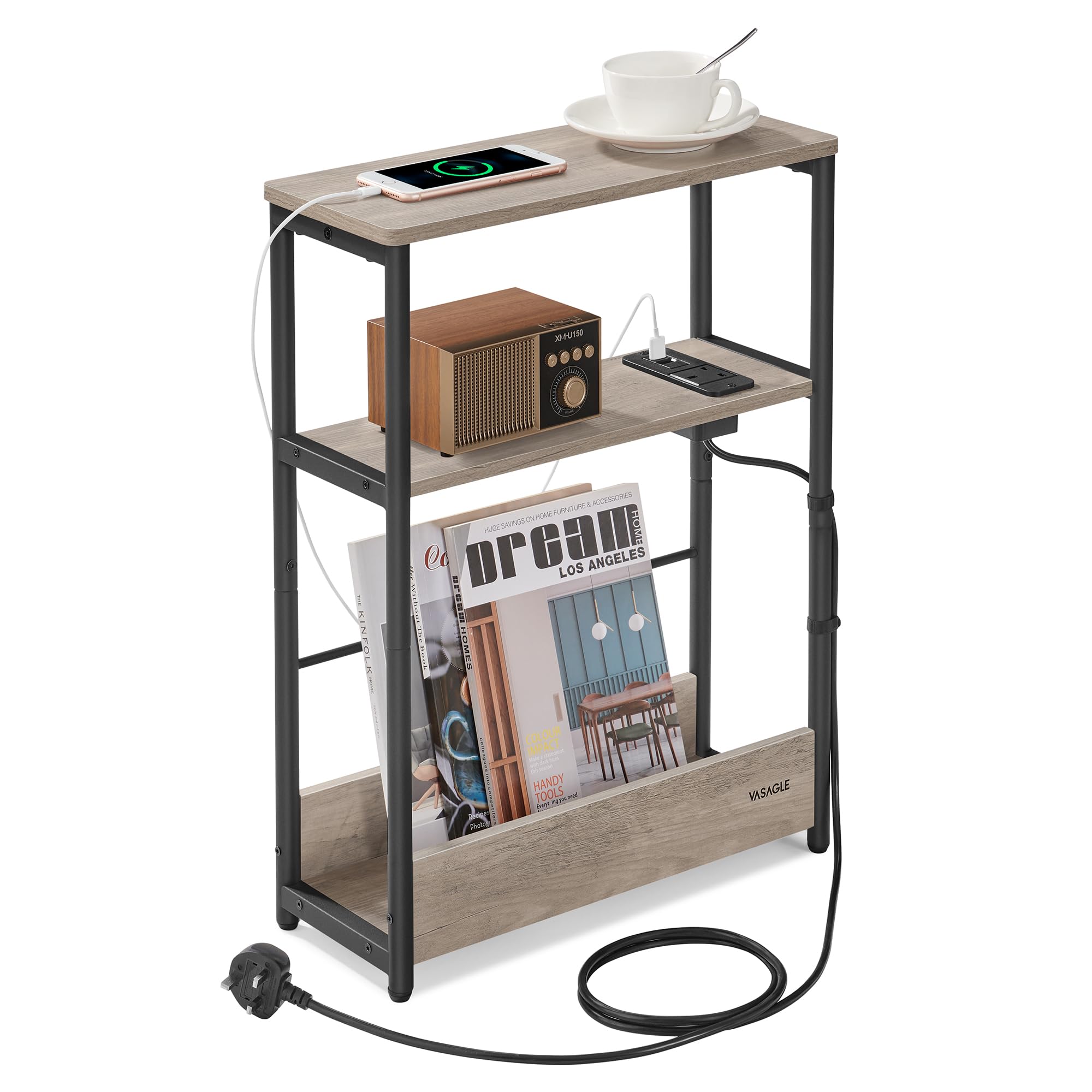 VASAGLE Slim Side Table with Charging Station, 3-Tier Narrow Bedside Table, End Table for Small Spaces, Magazine Rack, for Living Room, Bedroom, Study, Heather Greige and Ink Black LET335K06