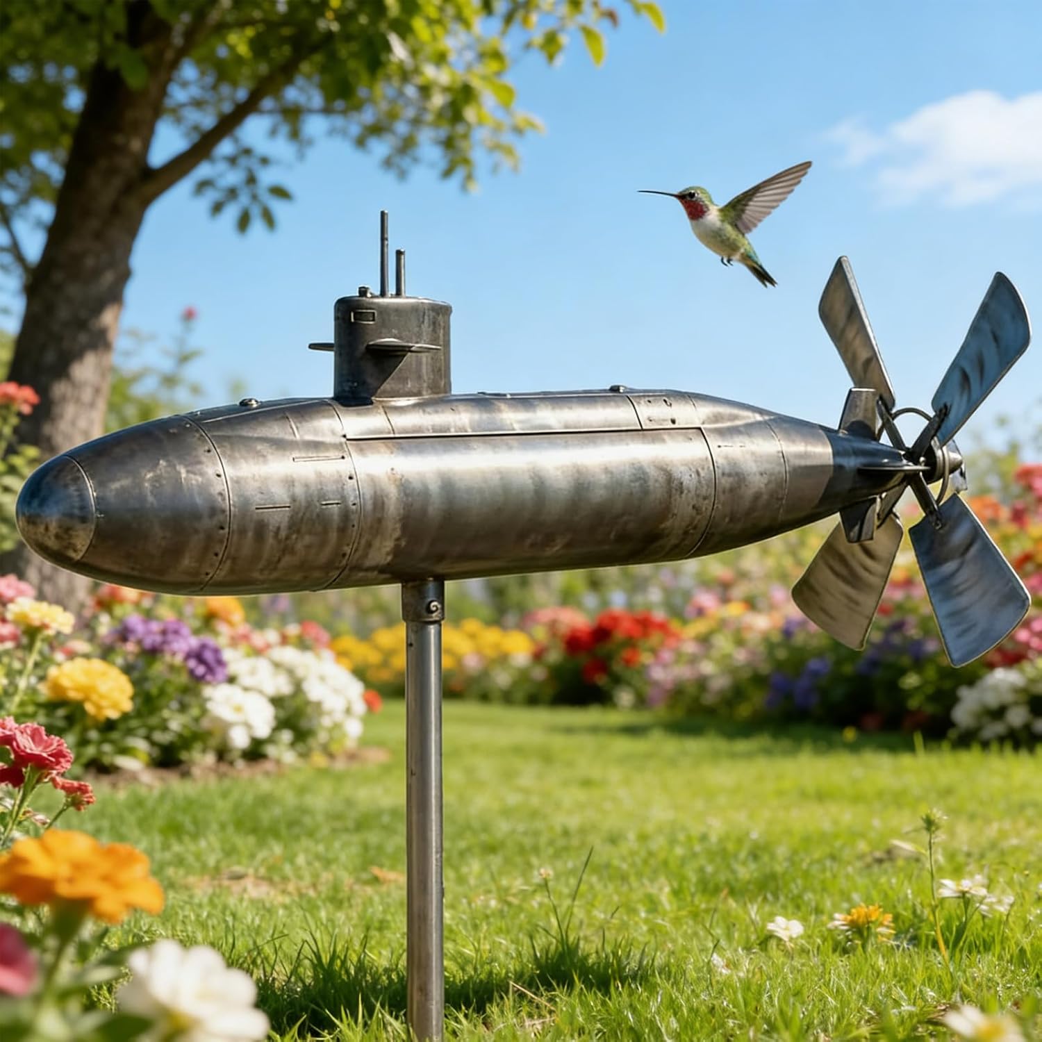 Submarine Wind Spinner, Rotating Submarine Yard Spinner with Blades, Wind Spinner Outdoor Garden Decor, Motion Art Wind Sculpture for Front Yard Patio Porch Lawn Flower Bed (Silver)