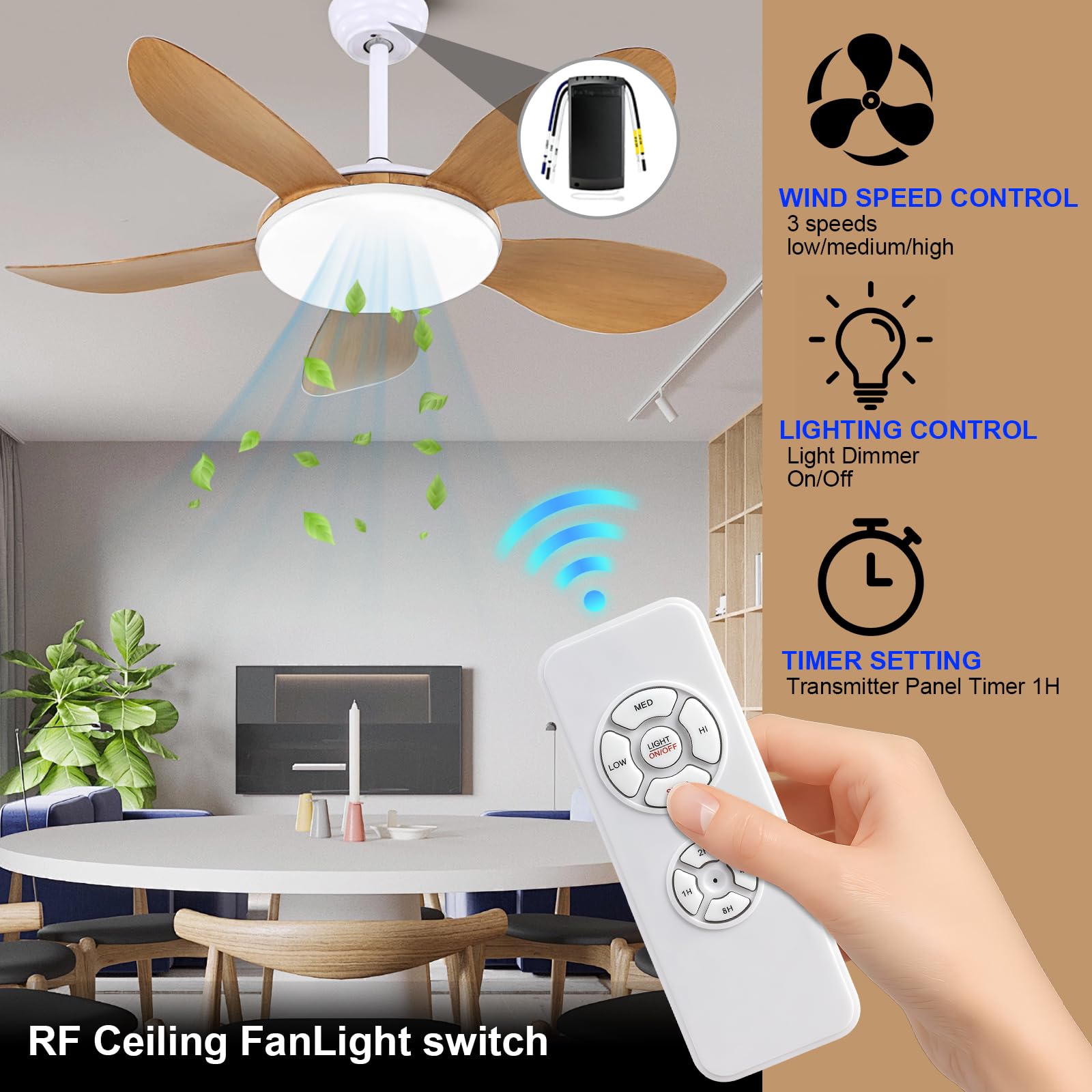 Kit Telecomando RF Per Ventilatore Da Soffitto – 4 Velocità E Timer Fino A 8 Ore, Compatibile Al 98%