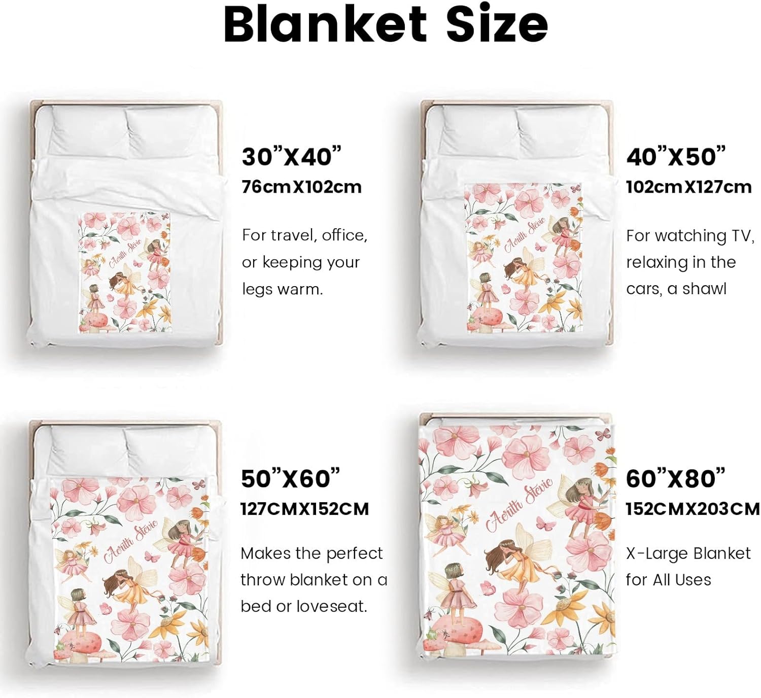 Ship Next Day,Custom Name Blanket,Personalized Fairy Spring Flower Soft Flannel Throw Blankets,Gifts for Boy & Girl,Kids Teen,Birthday Wedding Festival Gifts