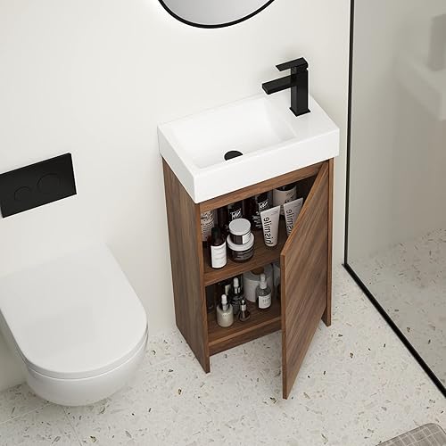 Miniatura 4 de SSLine Juego de tocador de baño independiente con fregadero armario de almacenamiento moderno de 24 pulgadas con puerta fregadero de cerámica