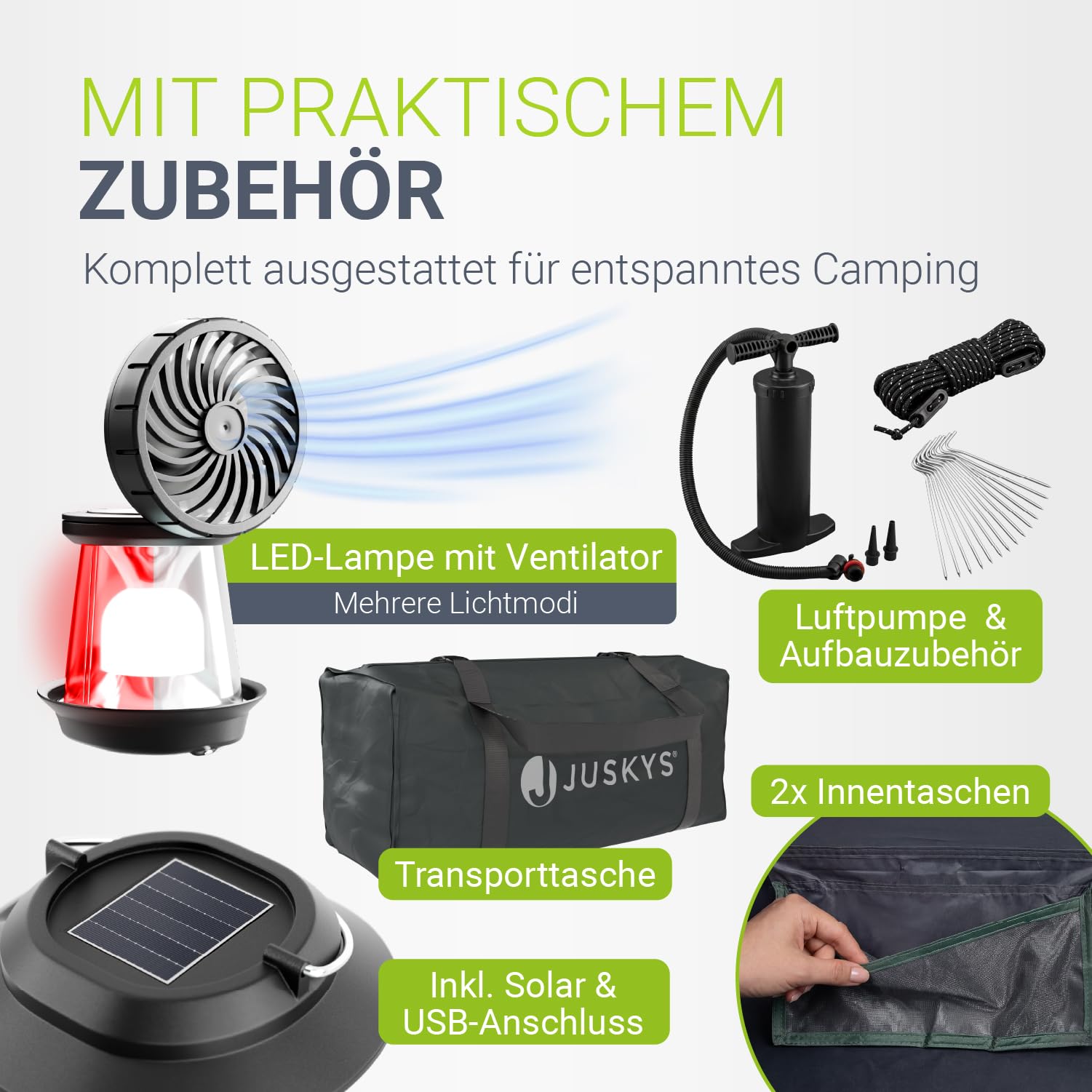JUSKYS® Luftzelt EasyFlow M/L - aufblasbares Camping Zelt mit Vordach, wasserdicht, UV-Schutz LSF 50, inklusive LED-Lampe & Zubehör