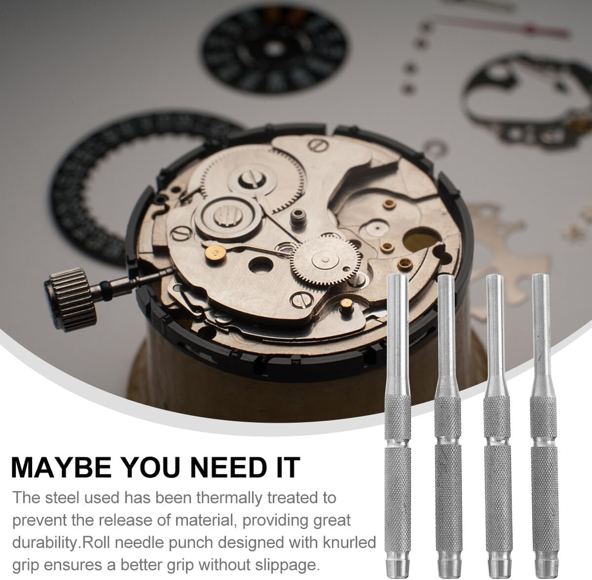 4 Pcs Pin Punch Set Stainless Steel Hand Tool Kit for Watch Jewelry Assembly Heat Treated with Knurled Grip and Reverse Taper Design for Simple Pin Removal and Installation