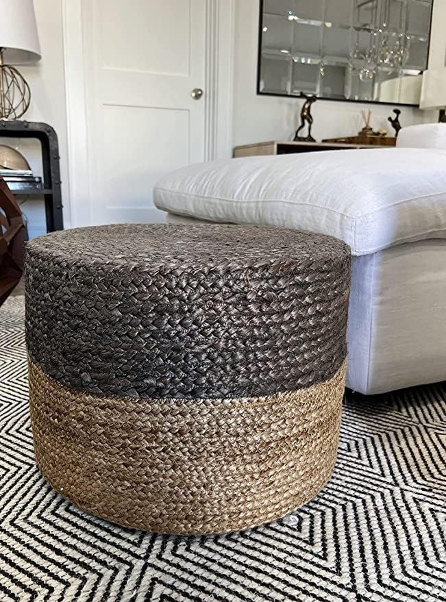 S & L Homes Pouf Ottoman - 100% Jute Braided Footrest Pouf Hand Knitted Traditional Cord Boho Pouffe for Living Room, Bedroom, Nursery, Patio, Lounge Colorblock - Natural Brown (20”x20”x10”) Brown 20"x20"x10"