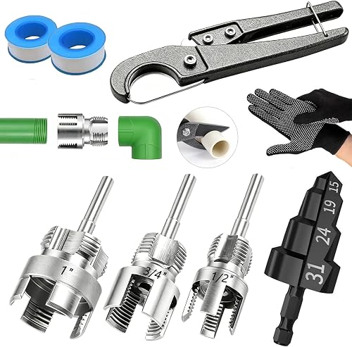 8PCS Internal & External PVC Pipe Threader Tool Set with Step Drill Bits | Fits 1/2" 3/4" 1" PVC Pipes, with Step Drill Bits & Hose Cutter, for Home, Farm & Garden PVC Pipe DIY & Plumbing Repair