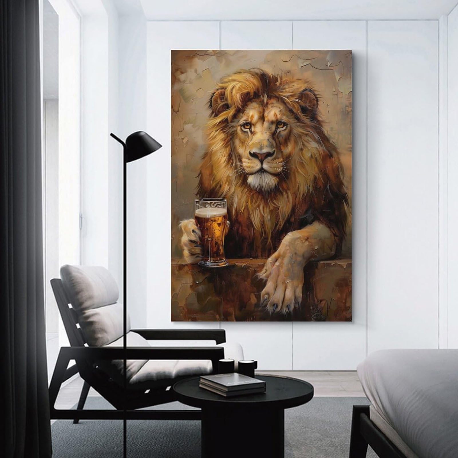 Junmoney Unframe-Style-2 Beer Drinking Lion Hanging Wall Art, 20X30inch(50X75cm), For Bedroom Decor, Cosy Corners Or Studios, An Easy Wall Refresh For Bedrooms