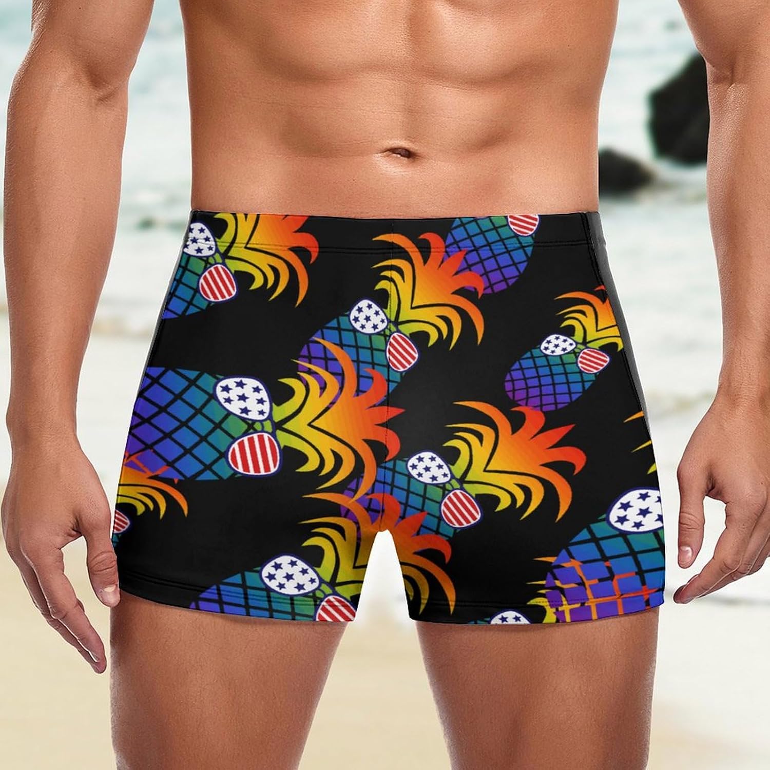 USA Flag Pineapple Men's Square Leg Swim Briefs Athletic Swim Trunk Beach Swimwear Bathing Suit