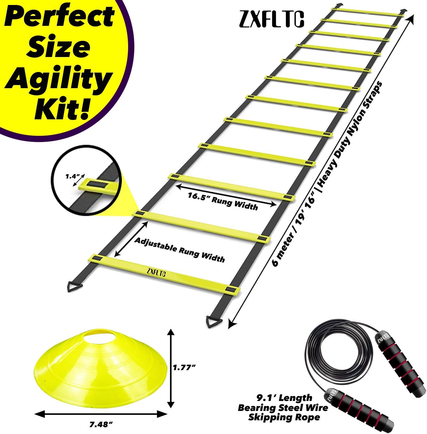 ZXFLTC Agility Ladder Speed Training Equipment-20 Feet Ladder,8 Disc Cones,5 Resistance Bands, Running Parachute, Skipping Rope-Boost Fitness,Improve Footwork in Soccer, Basketball, Football (Yellow) : Sports & Outdoors