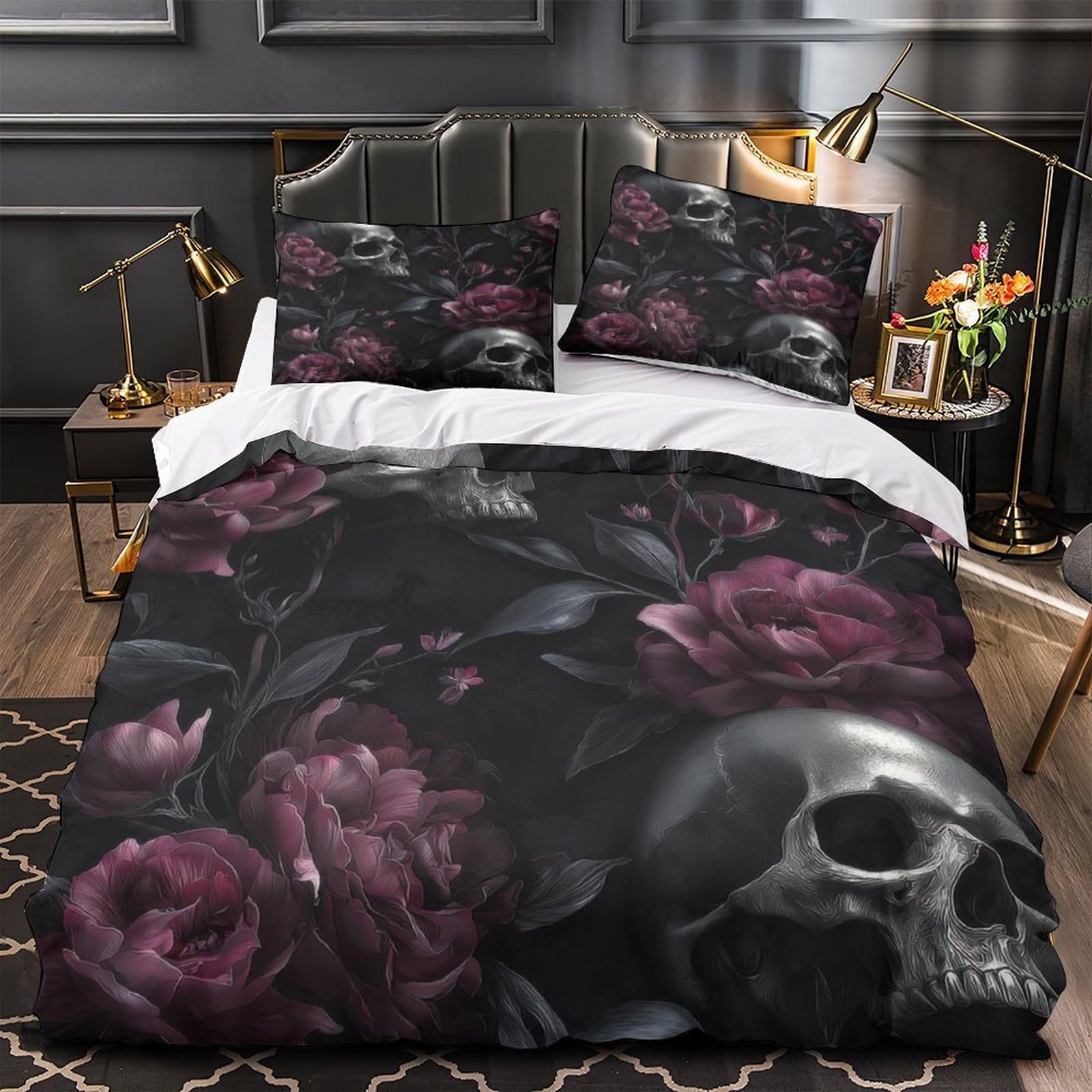 MMDASBVPE Gothic Skull Quilt Cover 3D Print Easy Care 3 Pieces Bed Set Hidden Zipper Dark Floral Design Comforter Cover Extra Soft Washable for Adults Kids Teens Women Youth Double（200x200cm）