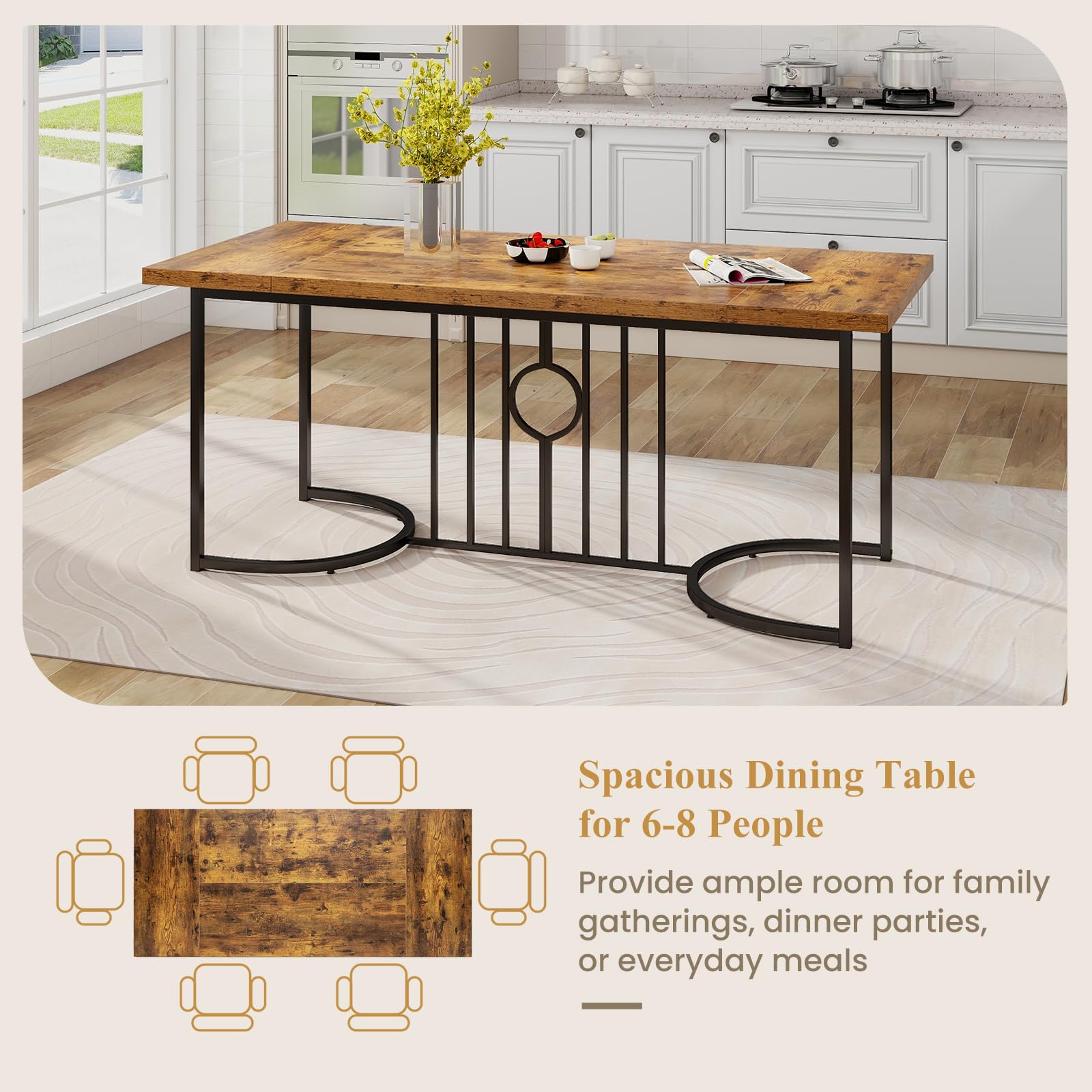 LIFEZEAL Tavolo da Pranzo, Tavolo da Cucina, 180x80 cm, Stile Industriale, per 6-8 Persone, in Legno+Metallo, Gambe Semicircolari, per Sala da Pranzo, Soggiorno, Max 135 kg