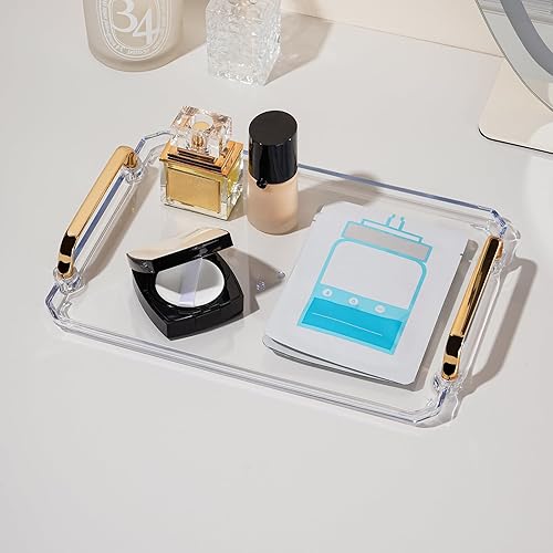 Miniatura 2 de CASEGRACE Bandeja decorativa de acrílico transparente con asas, elegante bandeja de almacenamiento para perfumes, cosméticos, postres, café,
