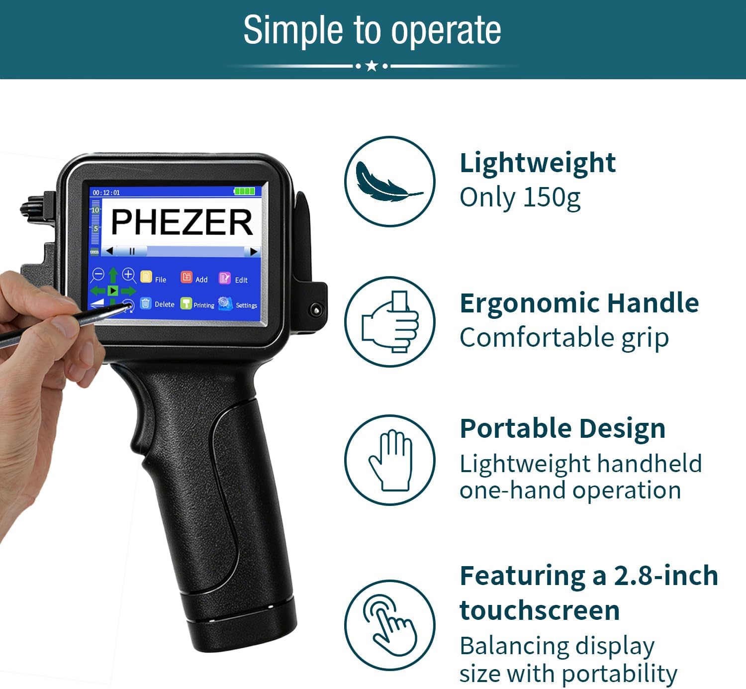 Phezer 12.7mm/0.5 Inch Portable Mini Handheld Inkjet Printer PC12-H for Flat and Curved Surface, with Touch Screen, PS127 Quick-Drying Ink Cartridge, for Label/Date/Barcode/Logo/Qrcode (Black)