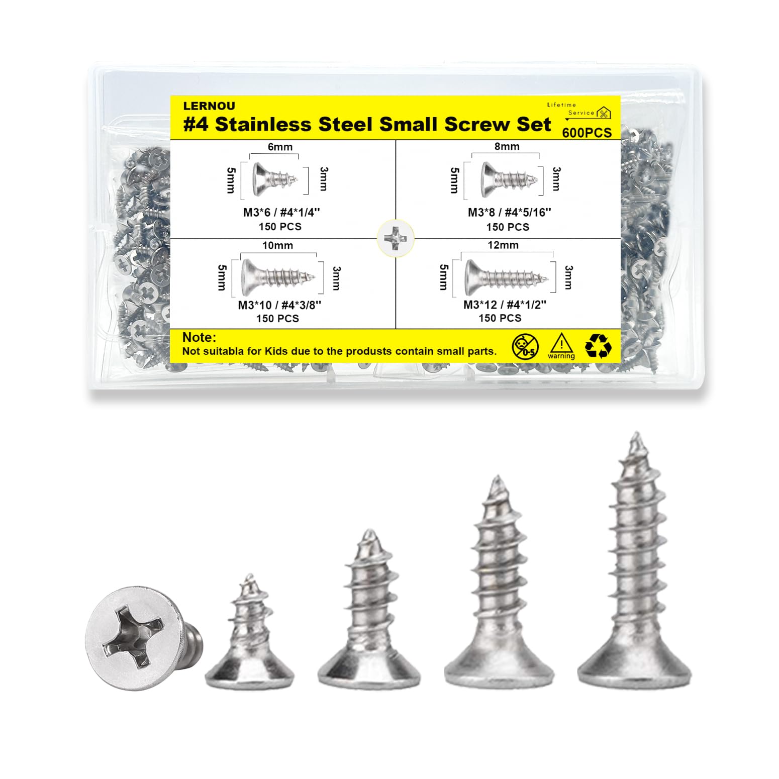 600 pcs Wood Screws Assortment, M3 Countersunk Self Tapping Screws,Stainless Steel Small Screw