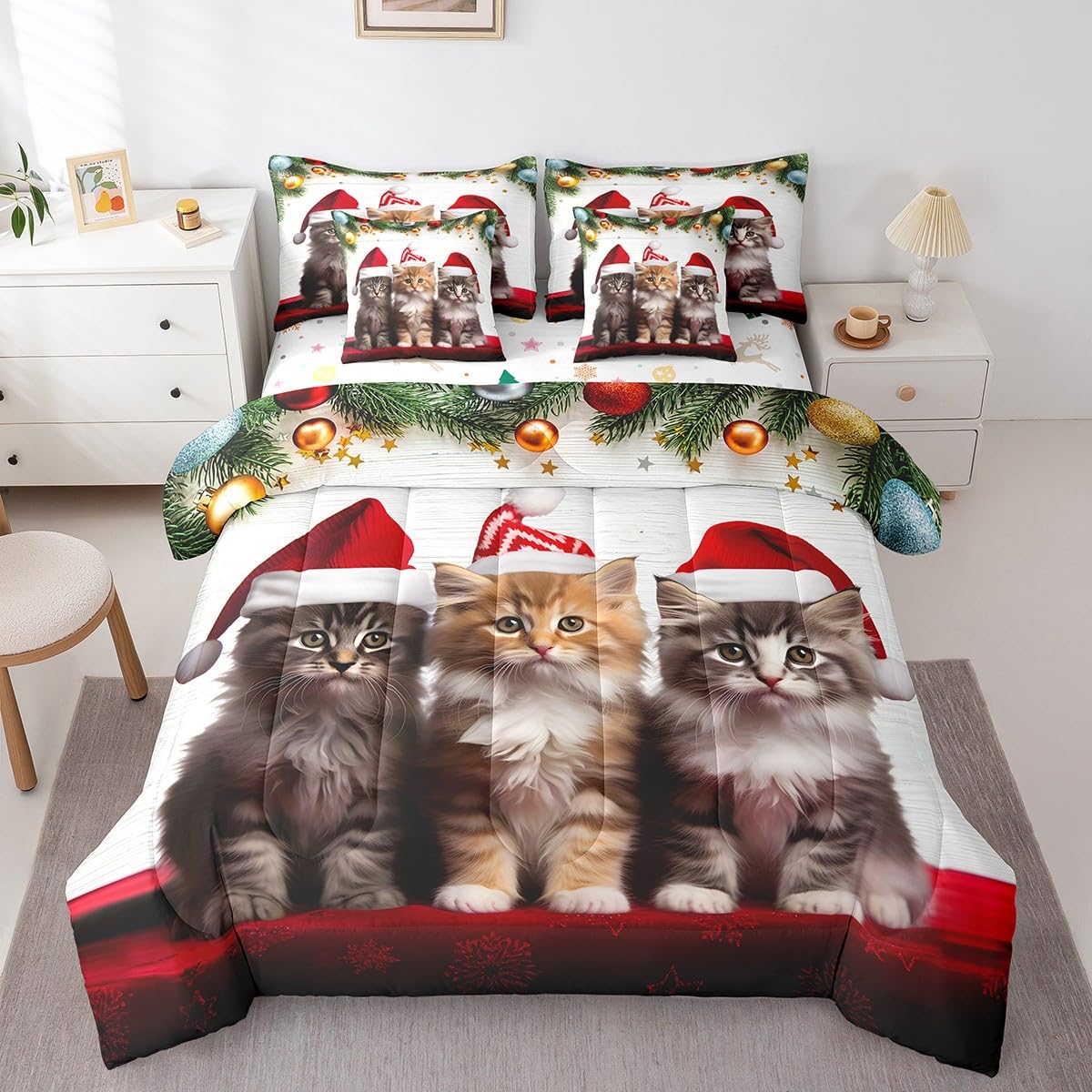 Juego de edredón de gato navideño Feelyou de 7 piezas con sábanas completas para cama matrimonial