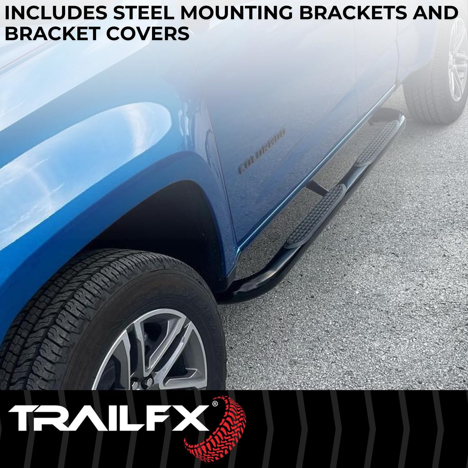TrailFX Nerf Bar A0069T, 3 Inch Round Bent, Black Powder Coated, with Step Pads, W/O End Caps, Rocker Panel Mount, Fits 2025 Toyota 4Runner (Will Not Fit Models with Lower Rocker Panel Extensions)