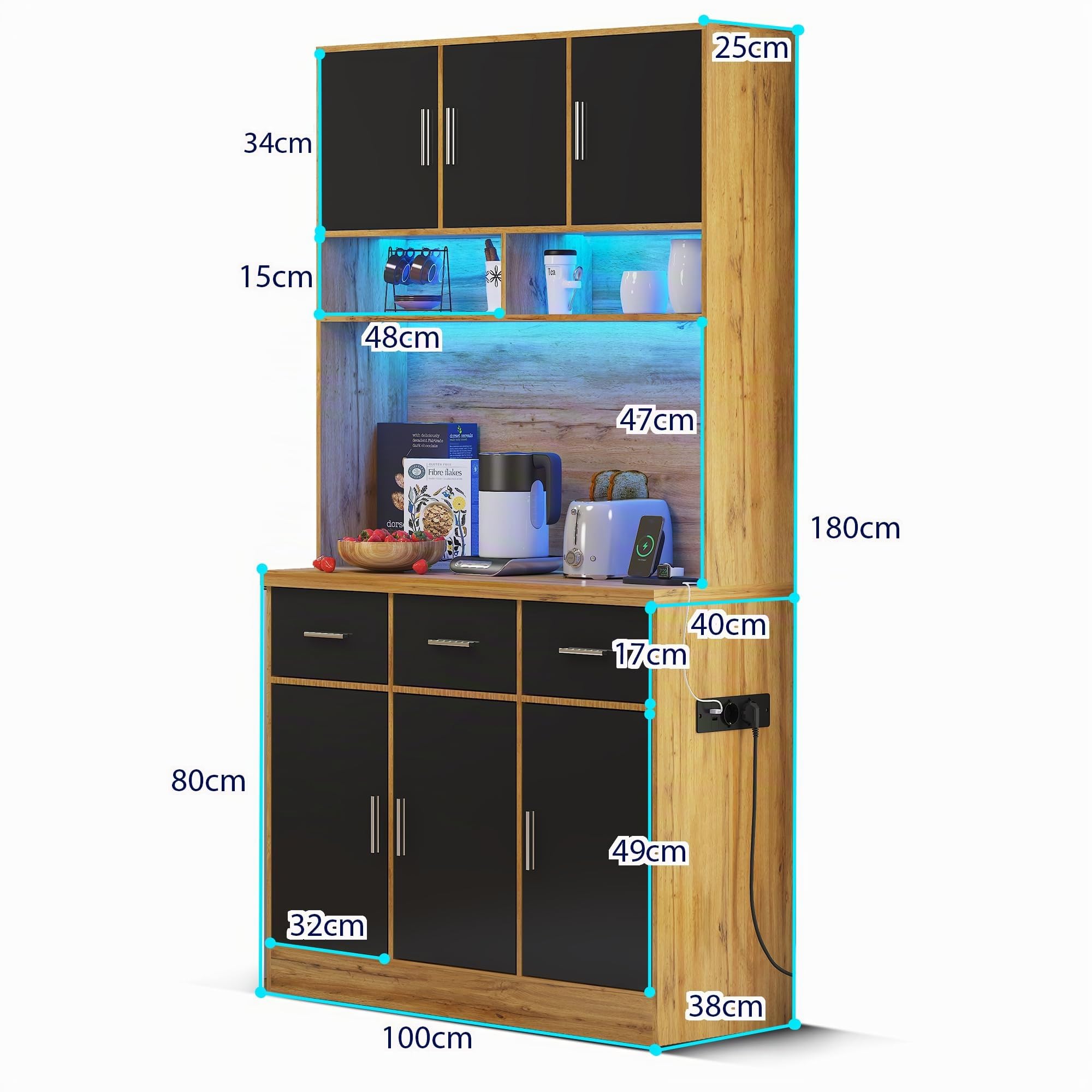 Armadio buffet, 100 x 40 x 180 cm, buffet con illuminazione a LED con telecomando, cassetti, ripiani regolabili, fori di gestione dei cavi e prese, per cucine e sala da pranzo (colore legno)