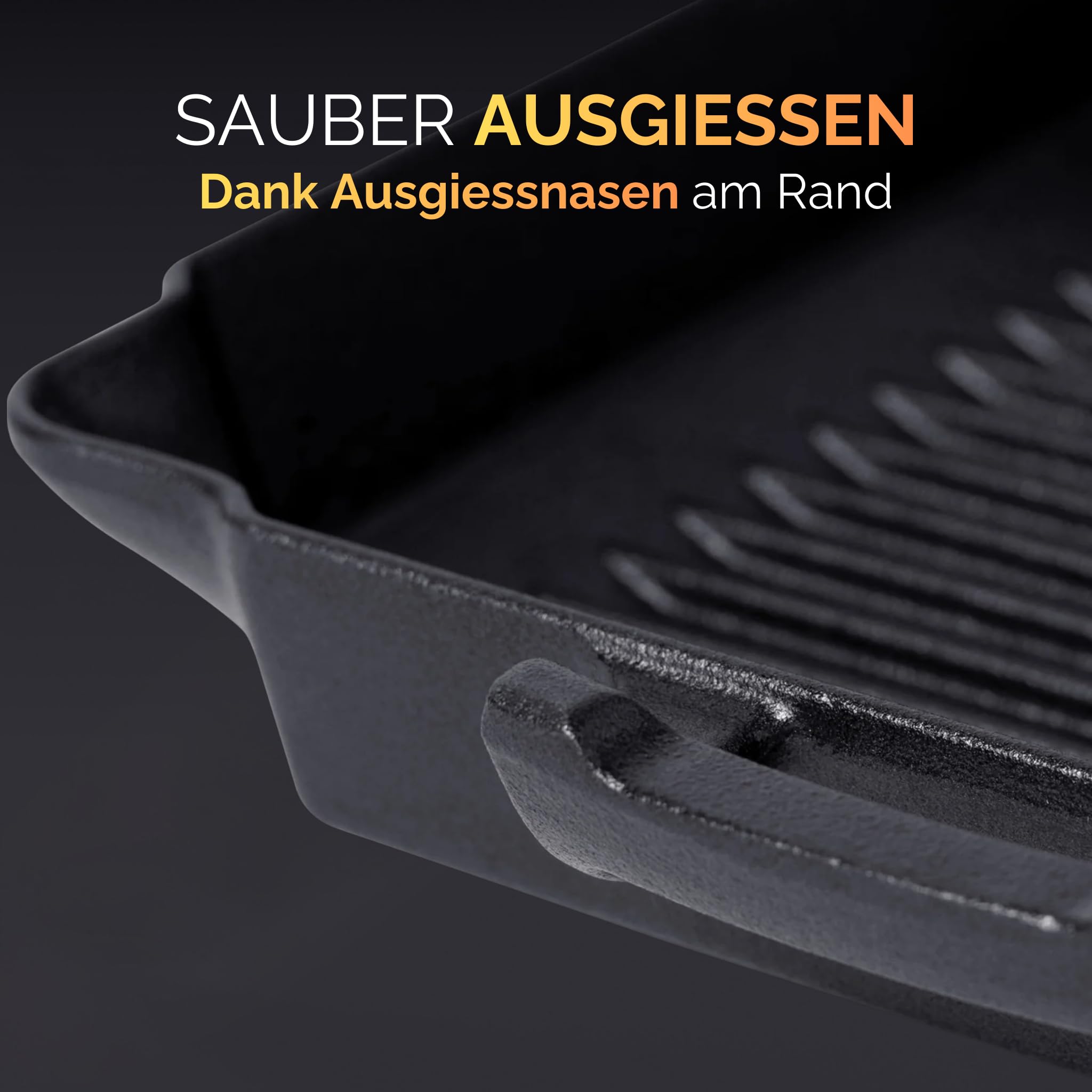 NYORD Gusseisenpfanne mit Grillrillen [TESTSIEGER] | Cast Iron BBQ Grillpfanne | Steakpfanne aus Gusseisen mit Ausgießer | Für Induktion, Ceran, Gas & Outdoor Grill | Ofenfest