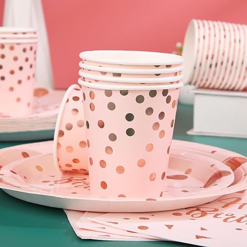 Miniatura 9 de Juego de 200 piezas de decoraciones de cumpleaños de oro rosa para niñas, platos y tazas y servilletas, suministros de cumpleaños rosa para mujeres,