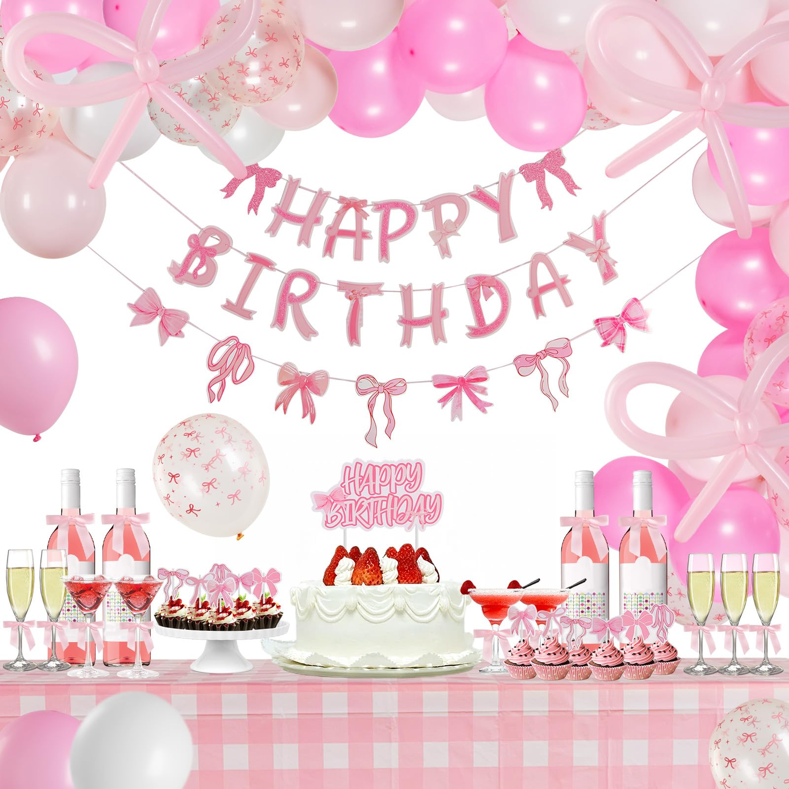 SUNBEAUTY 96 Stück süße Schleife Luftballons Geburtstag Dekoration Set，Party Dekoration einschließlich Schleife Luftballons Tischtücher Banners für Hochzeit Fliege Ballon
