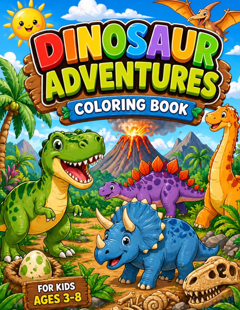 Dinosaur Adventures Coloring Book: Fun and Easy Dinosaurs, Prehistoric Creatures, Volcano Scenes, and Cute Dinos for Kids Ages 3-8 (Adventures Coloring Book Series)