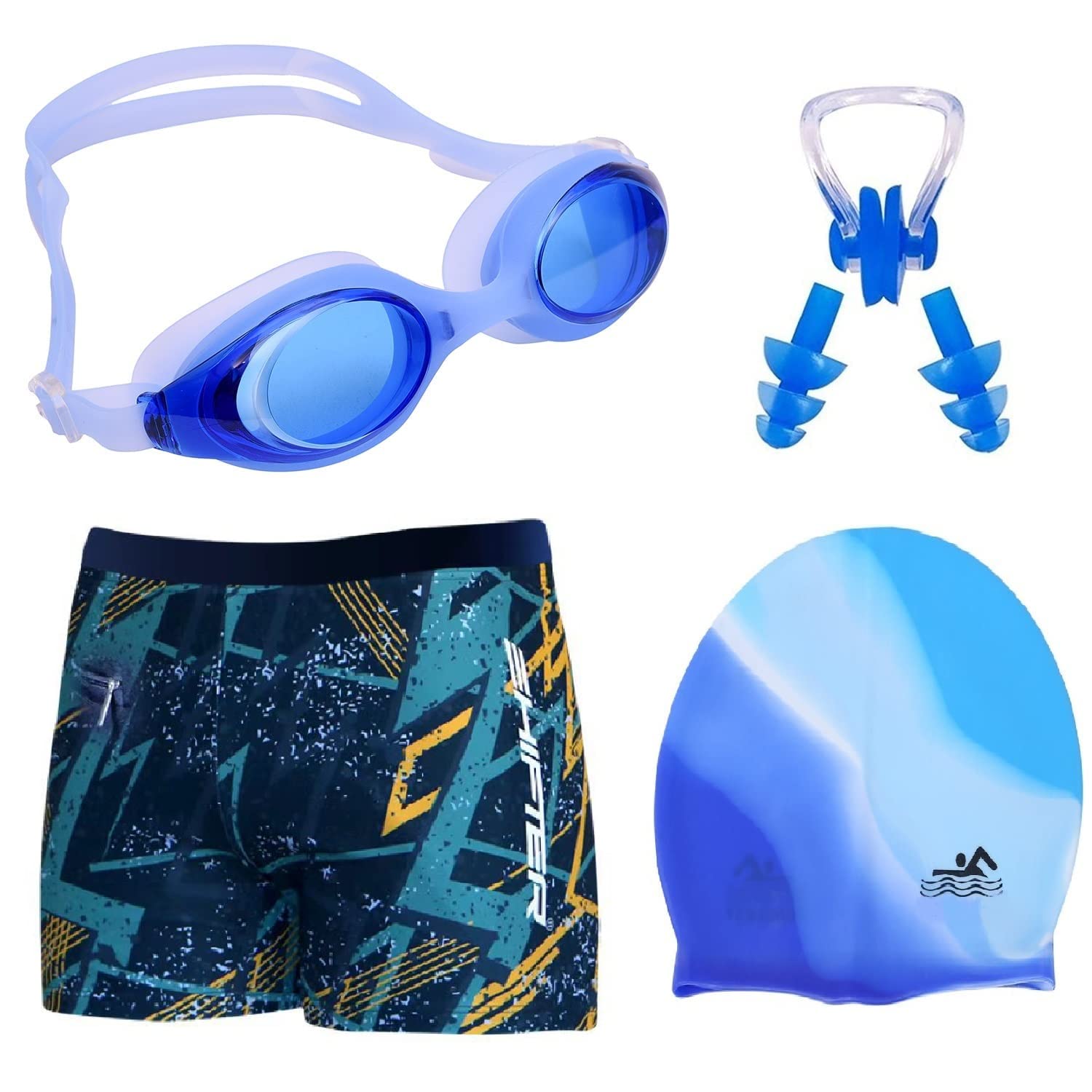 JMT Wear Men Swimming Costume Free Size (28INCH-32INCH) Goggles Cap 2 EARPLUG Nose Clip Swimsuit Swimming Kit