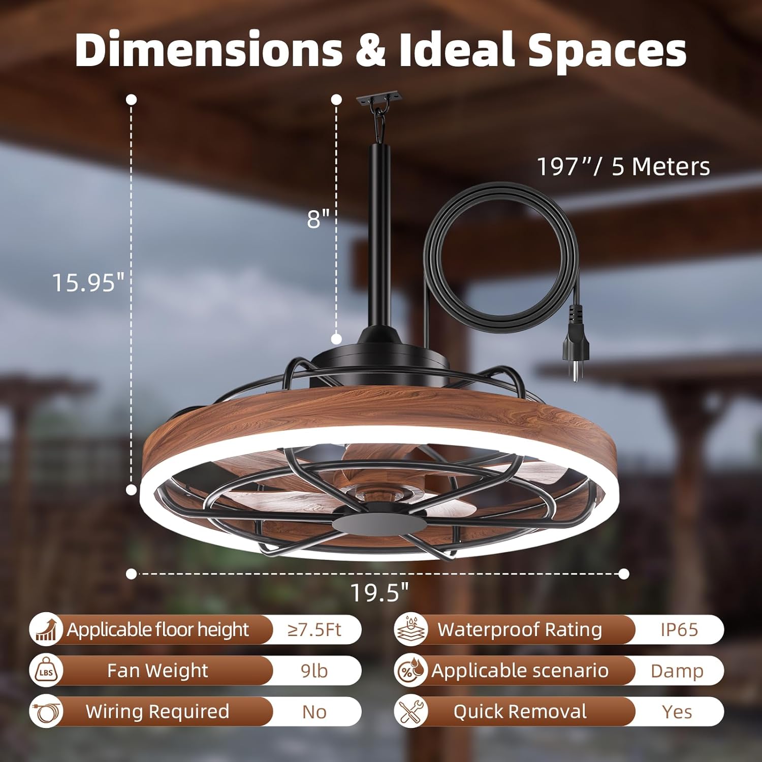 Hanging Gazebo Fan with Light, 20" Plug-in Patio Fan with App/Remote Control, Outdoor Ceiling Fan with Light IP65 Waterproof, 3 CCT Light, for Patio, Gazebo, Porch